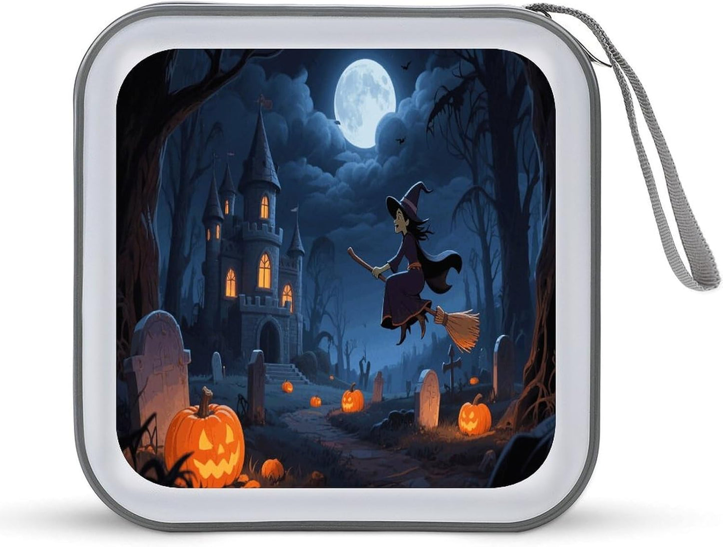 Orange Pumpkin Witch Scary Castle CD Case Portable Zipper CD Case 40 Capacity Hard Plastic DVD Cases Holder Large Storage Disc Wallet Bag for Car Home Travel DVD Collection Bag