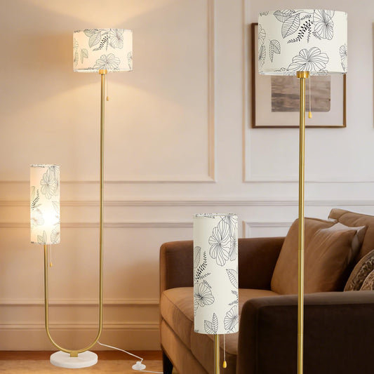 Floor Lamp for Living Room,Modern U-Shaped Standing Lamps with 2 Fabric lampshades, Rustic Farmhouse Tall Pole Light for Bedroom Corner Reading (Gold+White Shade)