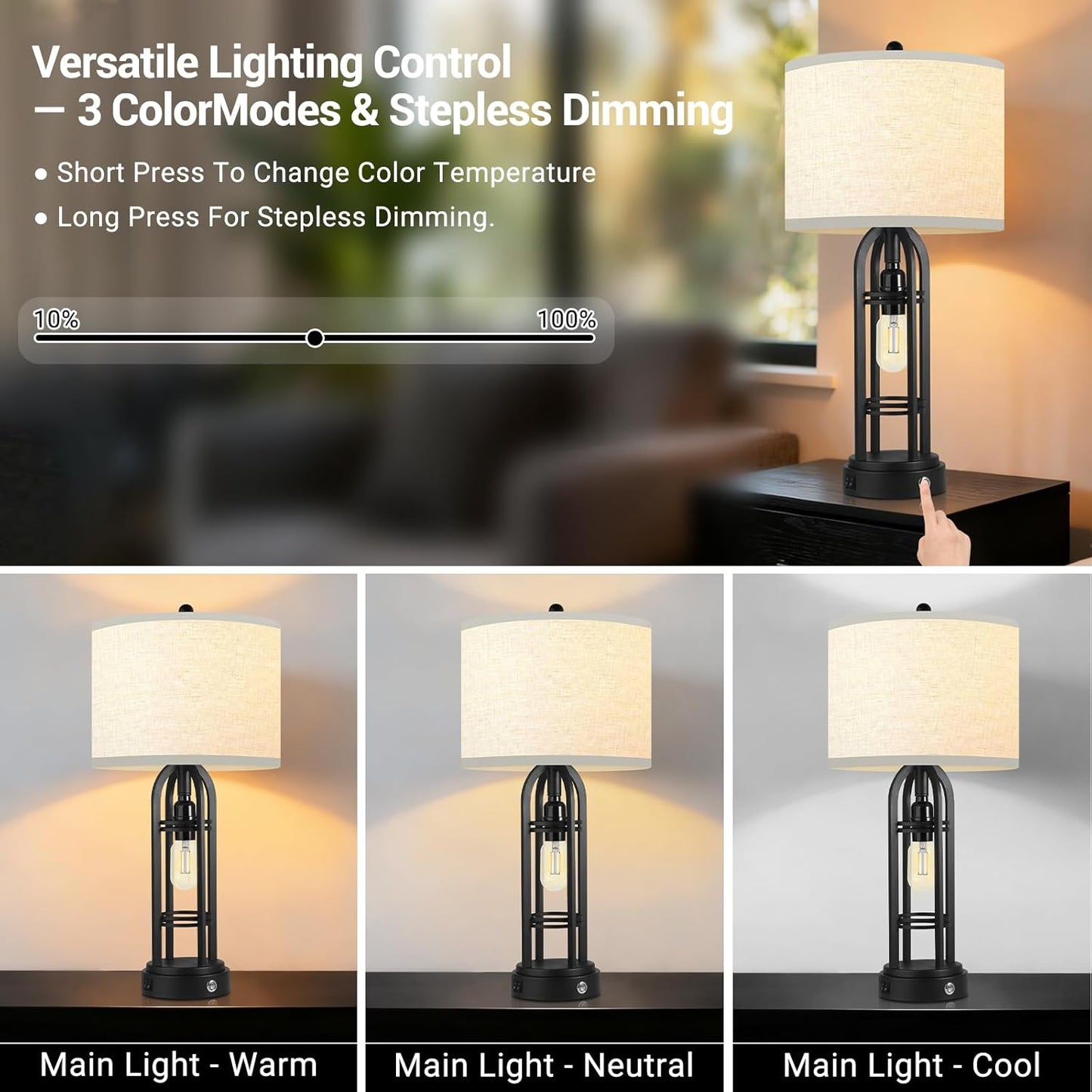 Black Table Lamps Set of 2, Table Lamp with USB Port, 3 Color Temperatures, Stepless Dimming, Bedside Lamps, Bedroom Lamps, Farmhouse Lamps for Living Room(Bulbs Included)