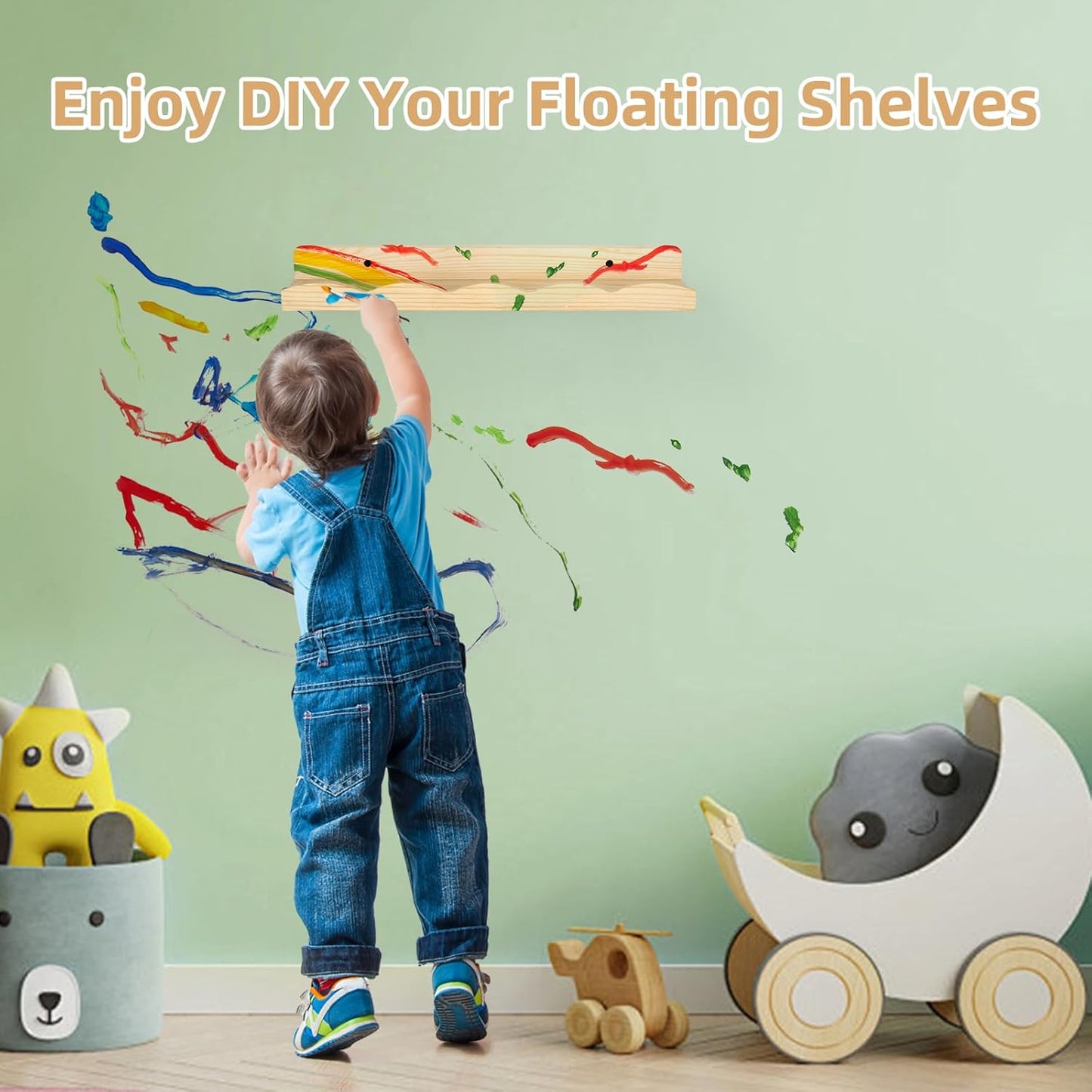 Floating Book Shelves for Wall, 16.5" Natural Wood Nursery Shelves for Book Storage, Solid Pine Wooden Floating Wall Bookshelf for Bedroom Living Room, Set of 2+1, Unfurnished - DIY