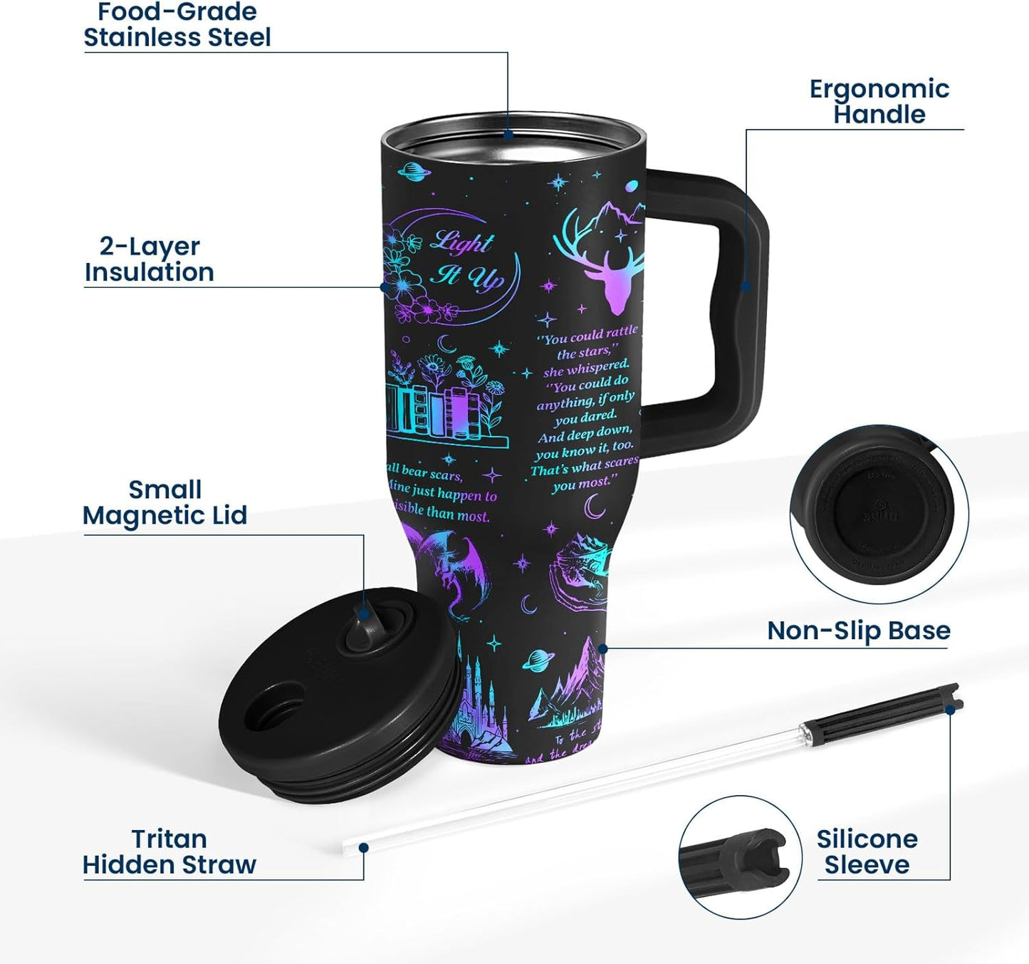 34HD Starlight Tumbler 40oz with Handle and Straw, Fantasy Light It Up Stainless Steel Insulated Travel Coffee Mug, Dark Cup for Book Lovers - Birthday Gifts, Bookish Items for Him Her & Reading Fan