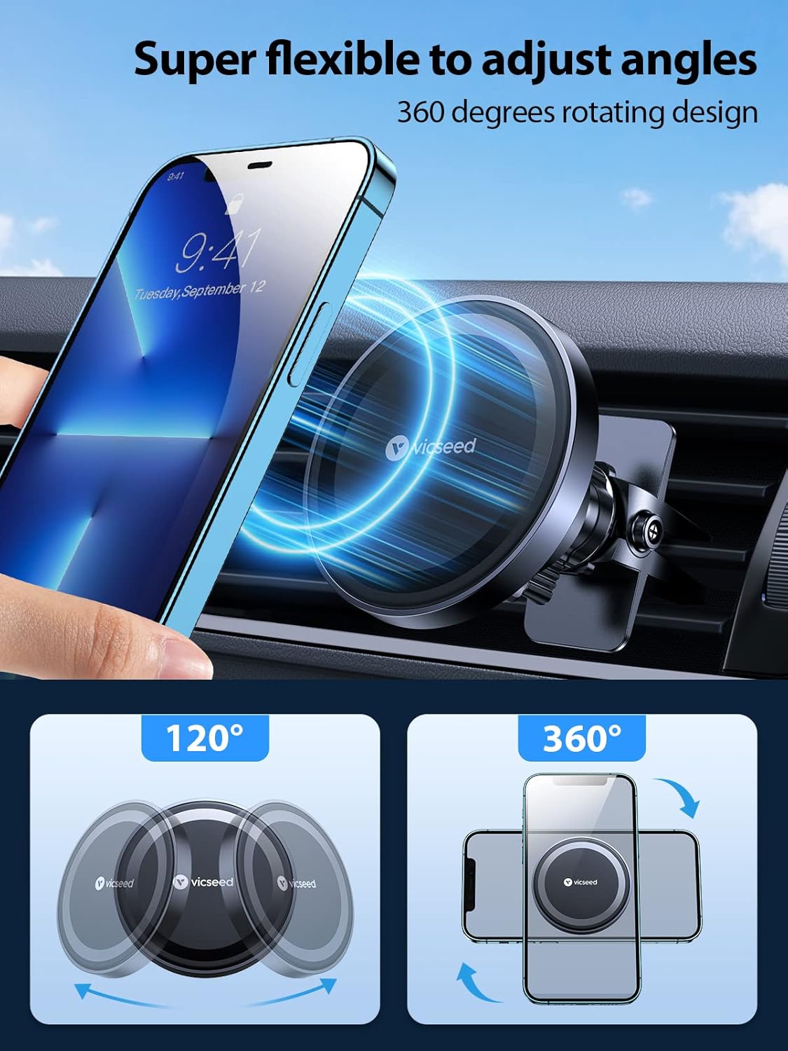 VICSEED for MagSafe Car Mount [Upgraded Strongest Magnet Power] Magnetic Phone Holder for Car Vent 360 Adjustable Magnetic Car Phone Holder Mount for iPhone 17 Pro Max 16 15 14 13 12 Plus Mini
