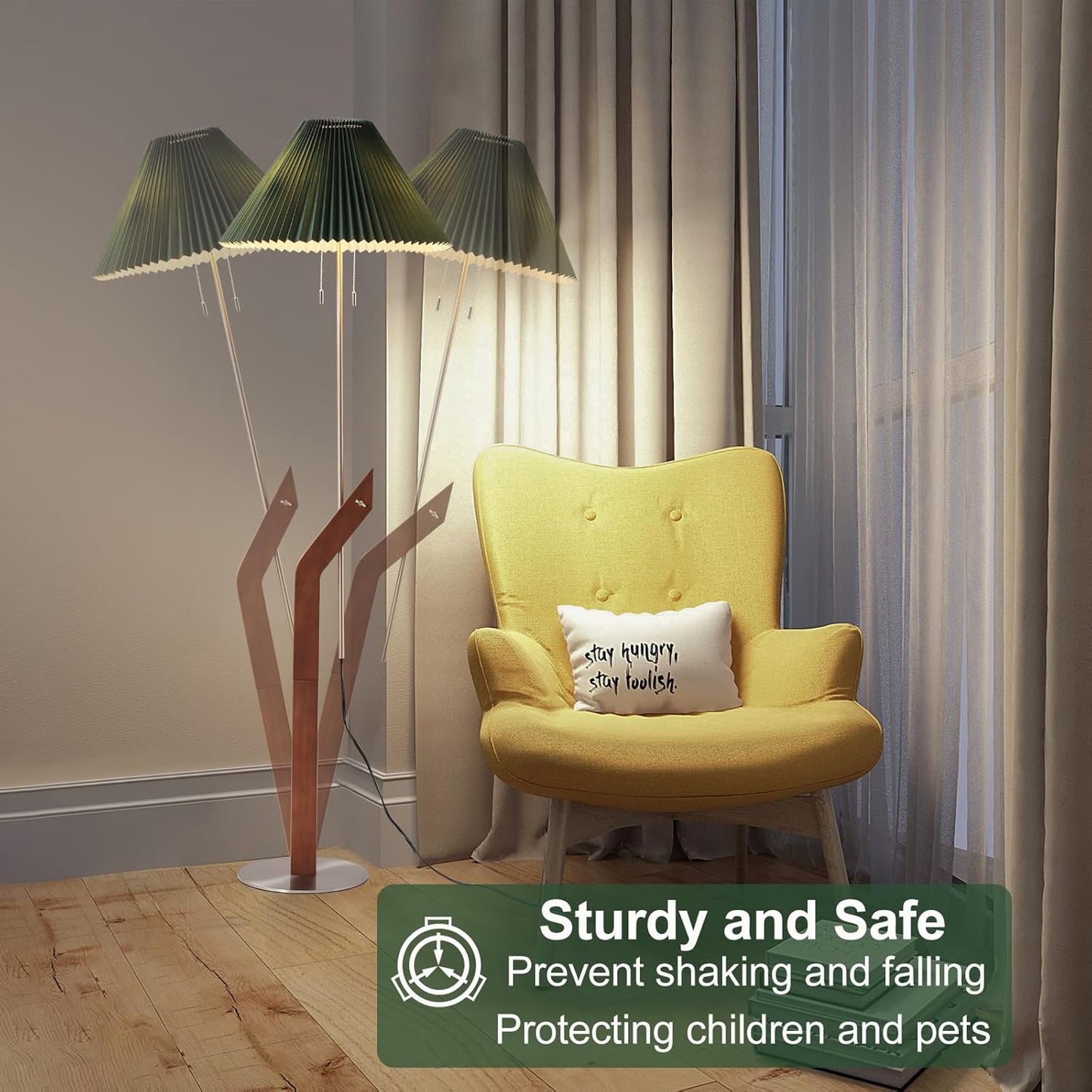 Floor Lamps for Living Room,Mid Century Modern Wood Large Floor Lamp,Height Adjustable Study Room,Bedroom,Office Tall Standing Floor Lamp,Green Pleated Lampshade