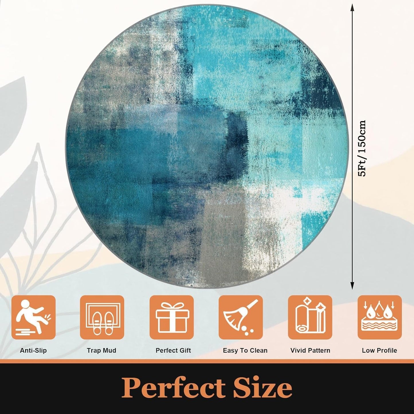 LOKMU Non-Slip Round Area Rugs Turquoise and Grey Abstract Art Home Decor Rugs Carpet for Classroom Living Room Bedroom Dining Kindergarten Room 5'