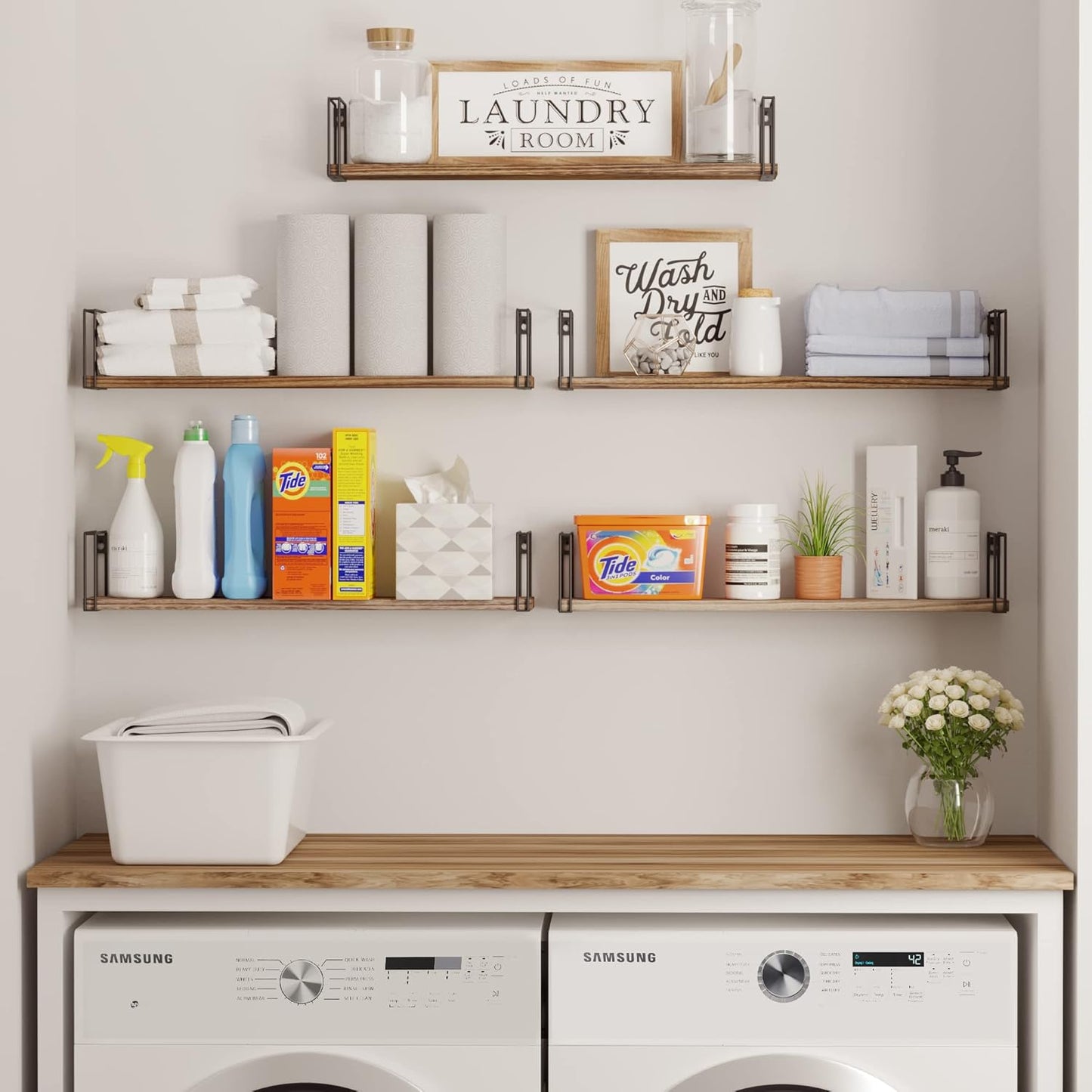 Wallniture Avila 24" Floating Shelves for Wall, Kitchen Organization & Office Shelves, Bookshelf for Living Room Decor, Laundry Room Shelf, Set of 5, Burnt Finish