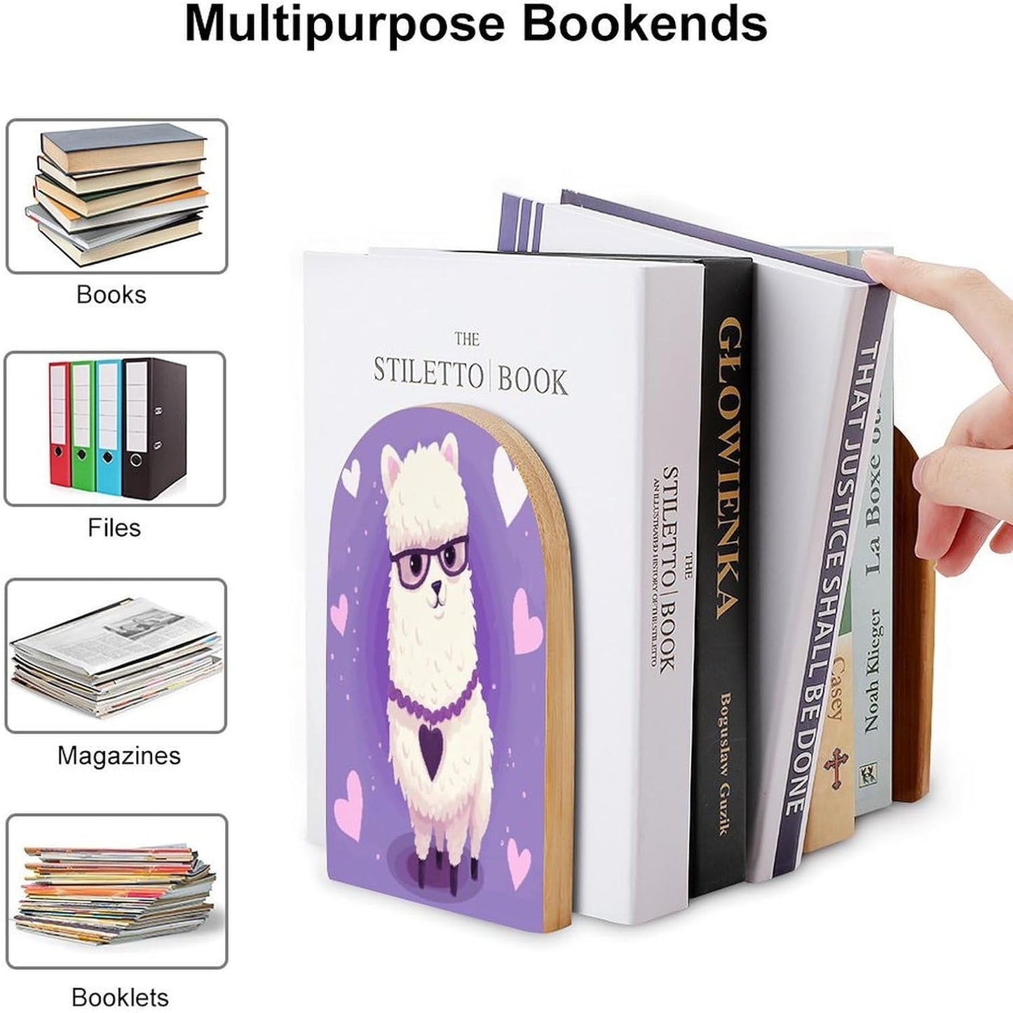 Non-Slip Bookend for Shelves Love Alpaca Purple Wooden Bookends with Metal Base Decorative Book Stopper for Home Heavy Duty Wood Book Storage for Books/CDs