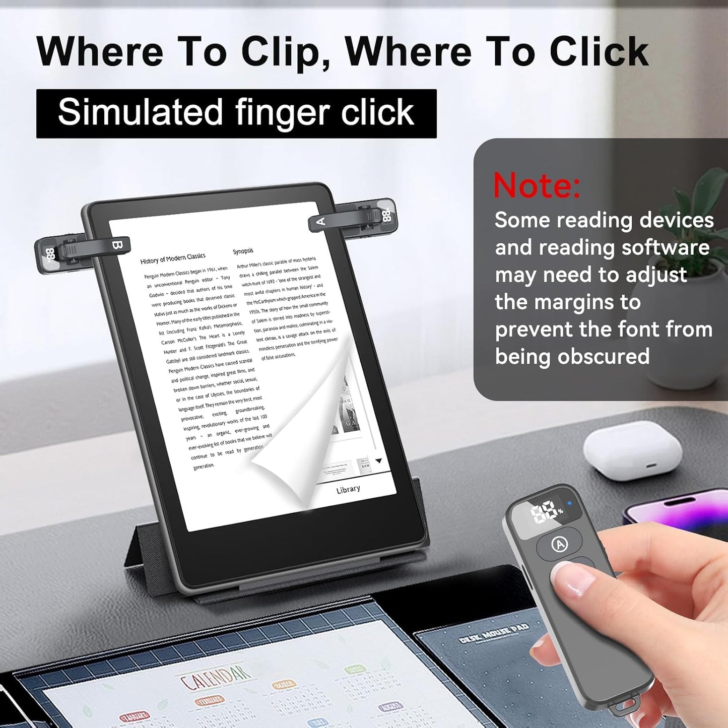 [2 Clips] Page Turner Remote for Kindle Paperwhite Remote Page Turner Accessories for Kindle & Ipad &Tablet Clip Clicker Rechargeable (Page Turner, Black Bar Model 2)