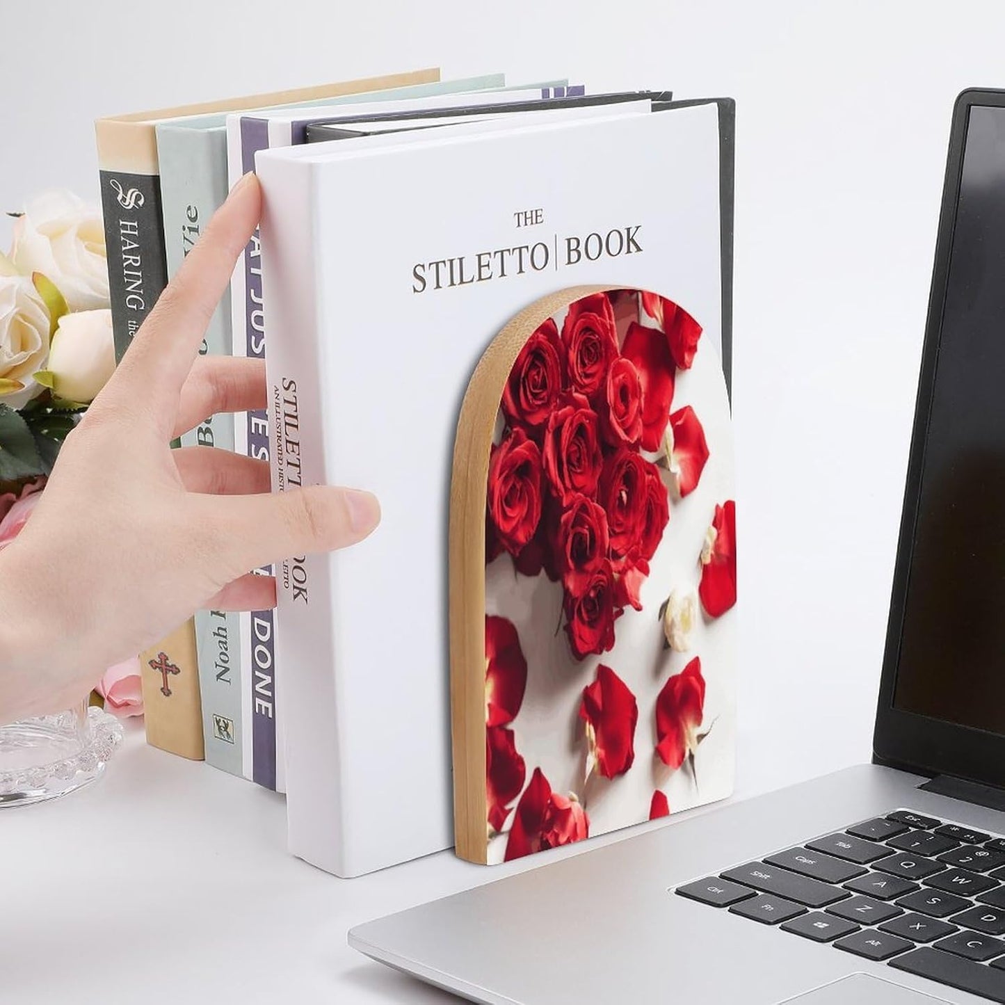 Flowers on Background Bookend for Shelves Wooden Book End Large Size Sturdy Book Holders Stoppers with Metal Base for Bookshelves Slick Decorative Bookends Stands