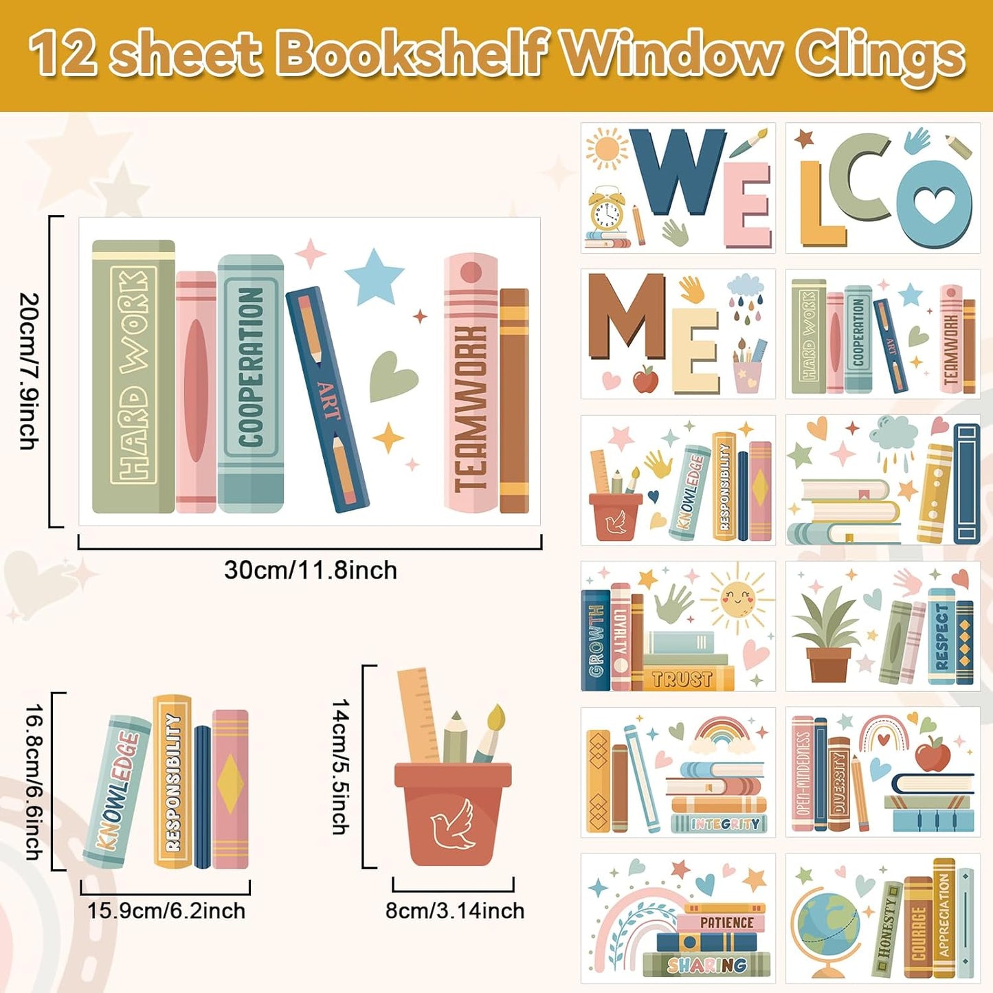 9 Sheet Boho Book Window Clings Back to School Window Stickers Inspirational Classroom Bookshelf Glass Decals for First Day of School Party Home Reading Classroom Library Nursery Wall Decor