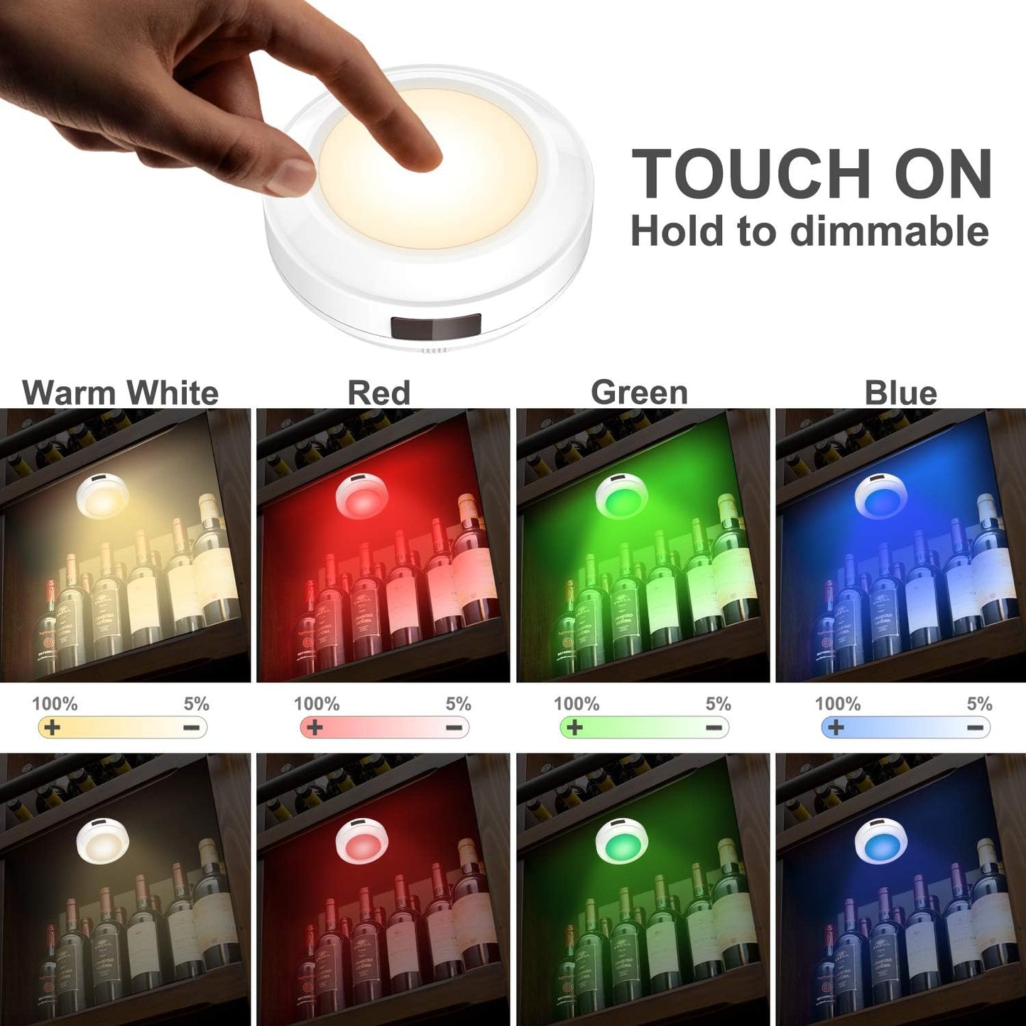 HONWELL Push Light, LED Puck Lights with Remote, Battery Operated RGB Fairy Lights Wireless Touch Tap Light Dimmable Closet Cabinet Lighting for Stick Voice Level Classroom
