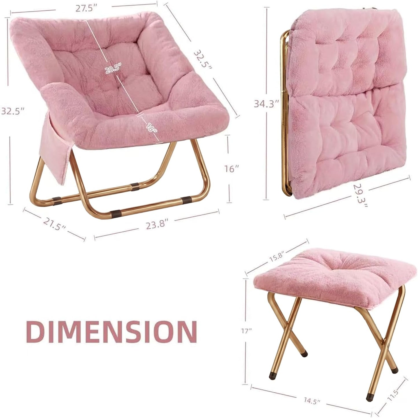 Comfy Saucer Chair, Foldable Living Room Chairs, Soft Faux Fur Lounge Chair for Bedroom, Reading Chairs for Adults, Teens, X-Large (Pink)
