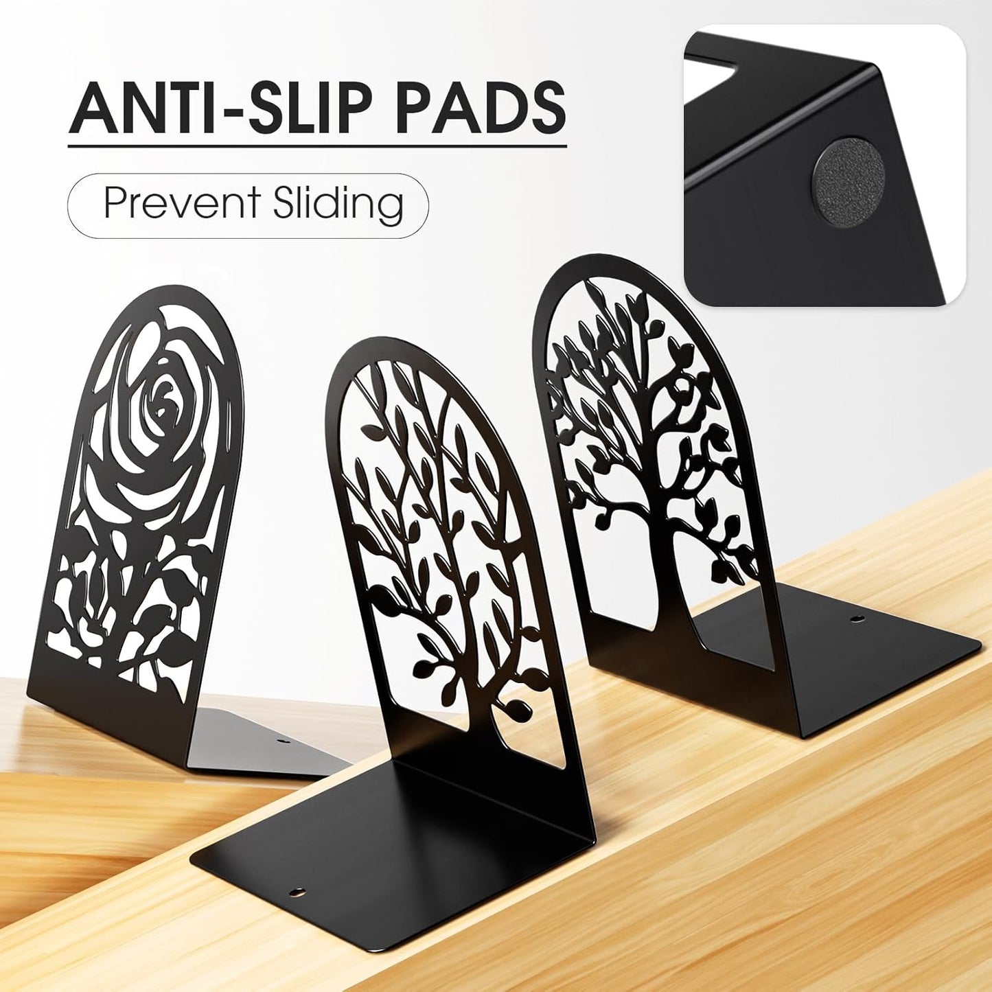 MaxGear Decorative Book Ends, Heavy Duty Bookends for Shelves, Metal Bookend for Heavy Book Supports, Office Bookends Shelf Holder Black 3pair, Non-Skid Book Stoppers 6.89x4.89x3.54 inch