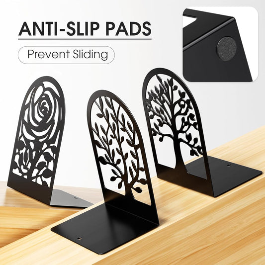 MaxGear Decorative Book Ends, Heavy Duty Bookends for Shelves, Metal Bookend for Heavy Book Supports, Office Bookends Shelf Holder Black 3pair, Non-Skid Book Stoppers 6.89x4.89x3.54 inch