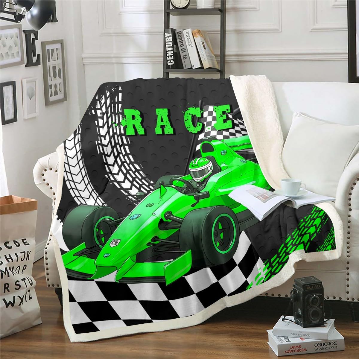 Go Kart Throw Blanket Boys Race Car Blanket,Black and White Checked Plaid Green Drift Kart Fleece Blanket 60"x80",Square Grid Plaid Lattice Bed Blanket Racing Karting Extreme Sport Sofa Decor