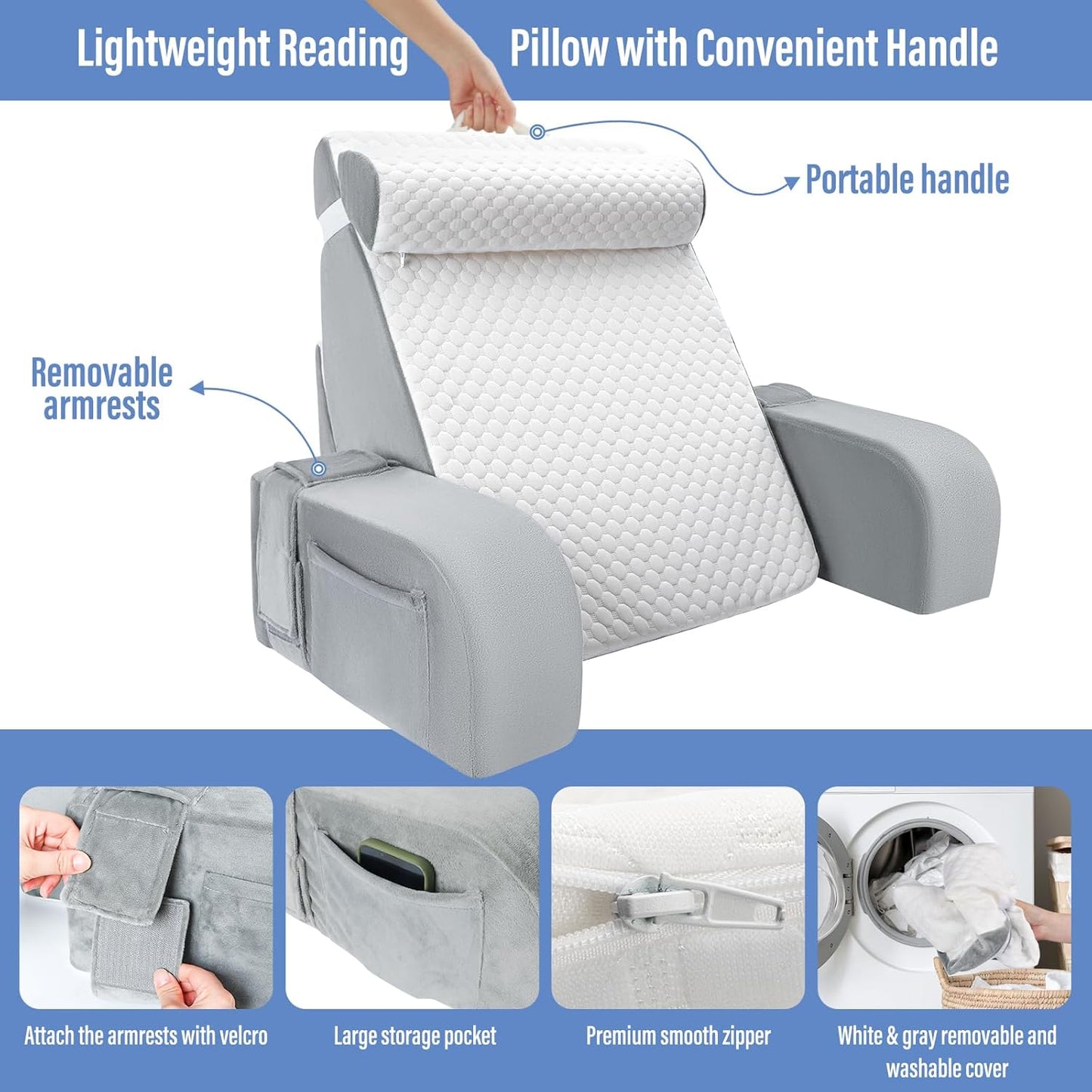 LEBENGURU Reading Pillow for Sitting in Bed Adult, Back Support Pillow with Detachable Headrest & Armrests for Watching TV in Floor,Bed Chair Backrest Pillow for Working/Relaxing/Gaming