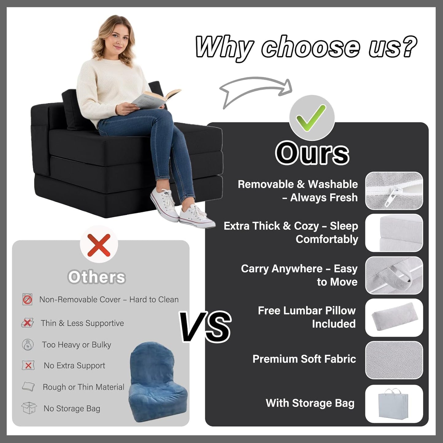 Tiita Folding Sofa Bed-Convertible Sleeper Chair with Storage Bag, Tri Foldable Mattress with Pillow, Portable Fold Out Chair Bed Floor Sofa for Living Room/Dorm/Guest Use/Travel, Single Size, Black