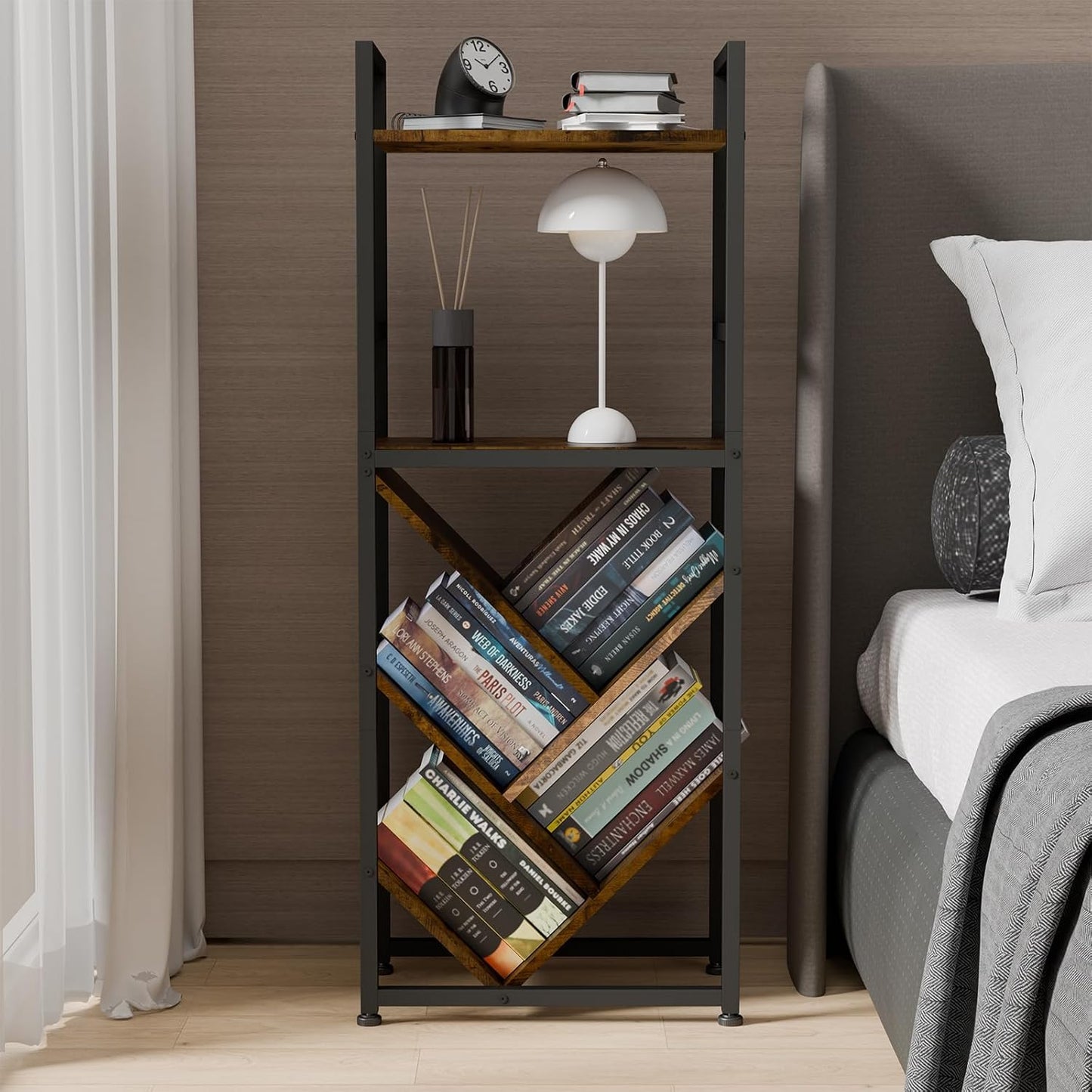 6-Tier Tree Bookshelf for Corner & Small Spaces, Modern Rustic Metal Bookcase Storage Organizer for Books, CDs, Movies – Industrial Floor Standing Bookshelves for Bedroom, Living Room, Home Office