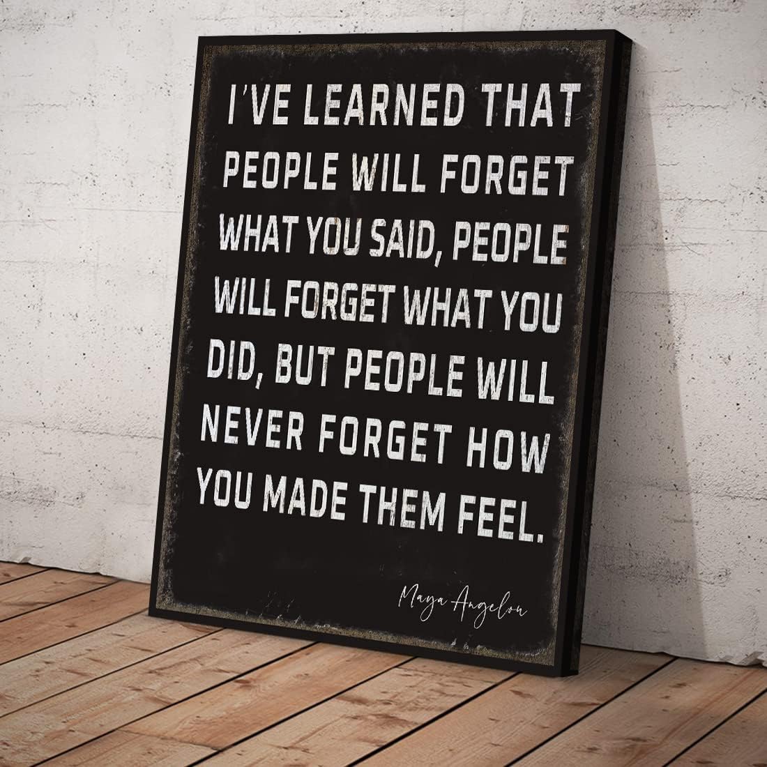 WOWGOOMO Retro Inspirational Canvas Wall Art Maya Angelou Quotes I've Learned That People Will Never Forget How You Made Them Feel Motivational Positive Painting Wall Decor for Home Office Framed Gift