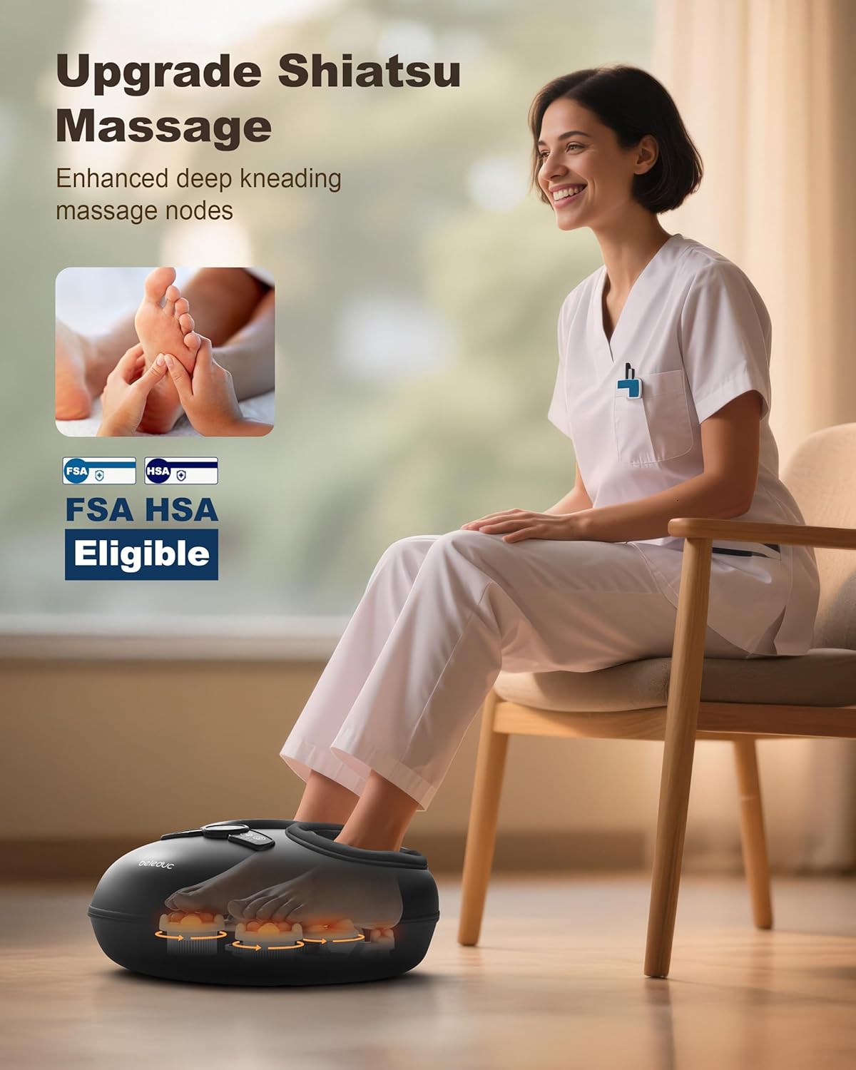 Beleduc Foot Massager with Heat and Compression, FSA Eligible, Deep Kneading Shiatsu Foot Massager for Plantar Fasciitis & Neuropathy, 3 Intensities, Washable Covers, Fits Up to Men Size 14