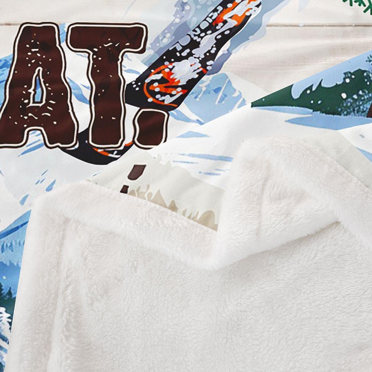 Ski Throw Blanket Rustic Farmhouse Brown Wooden Fleece Blanket Skiing Skier Sports Games Blankets Kids Boys Girls Adult Room Decor Winter Snow Mountain Sherpa Blanket,for Chair/Sofa,50"x60"