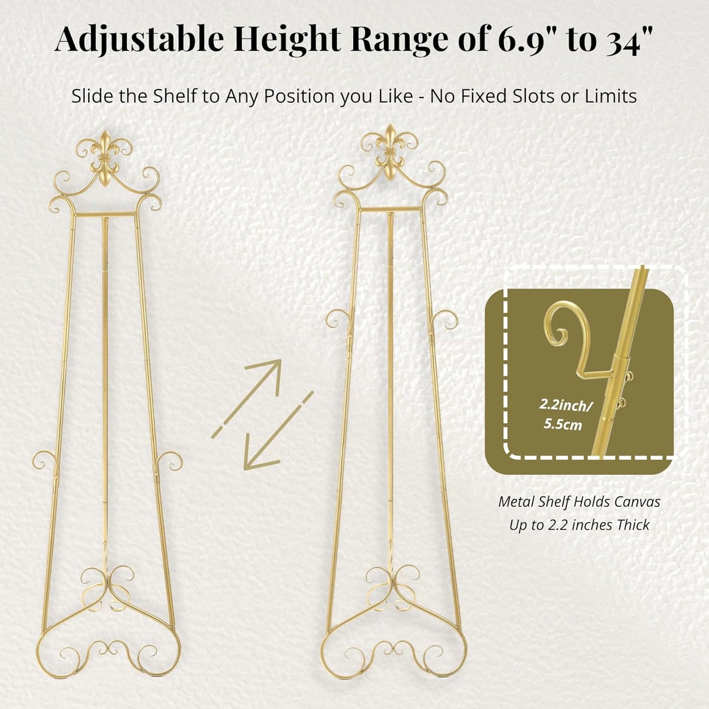 60” H Gold Easel Stand for Sign, Large Adjustable Metal Display Standing for Displaying Pictures Wedding Poster Holder Showcasing with Chain Support
