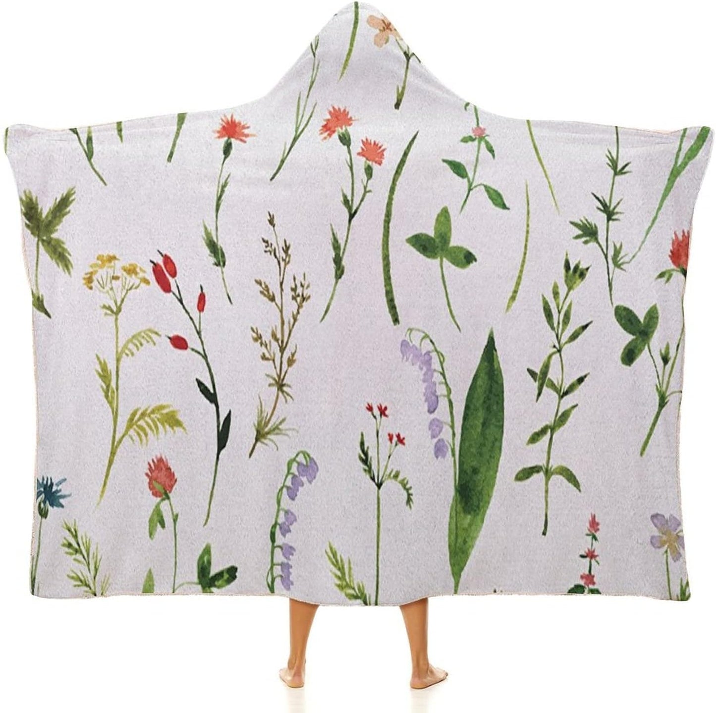Throw Blankets, Watercolor Flower Women Men Hooded Blanket, Different Kinds of Flowers with Herbs Weeds Plants, Soft Warm Cozy, 40 x 50inches, Studying Reading Snuggling Napping Office, Multicolor
