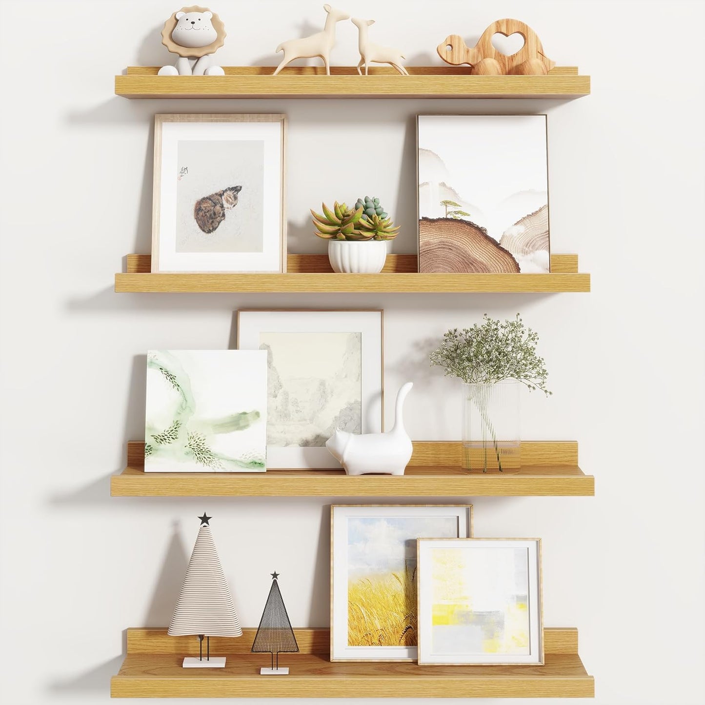 Fun Memories Picture Ledge Shelf, Floating Shelves Set of 4, 24 Inch Picture Shelves for Wall with Ledge, Large Nursery Book Shelf for Toys Storage, Living Room, Bedroom Decor Frames, Oak