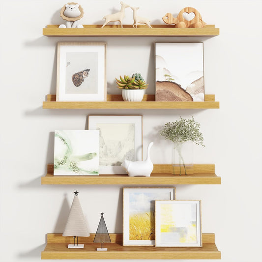 Fun Memories Picture Ledge Shelf, Floating Shelves Set of 4, 24 Inch Picture Shelves for Wall with Ledge, Large Nursery Book Shelf for Toys Storage, Living Room, Bedroom Decor Frames, Oak