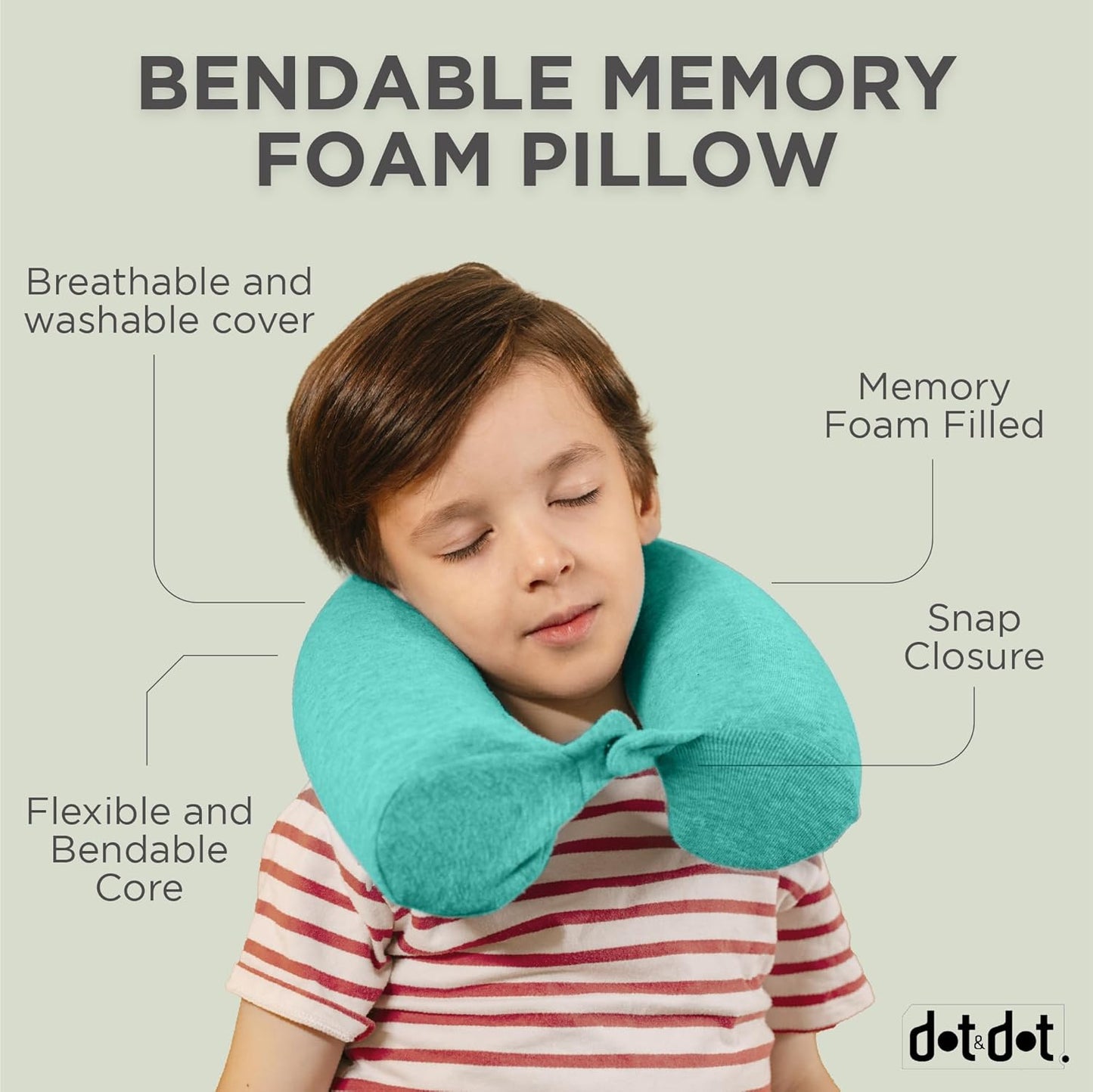 Dot&Dot Green Twist Memory Foam Kids Travel Pillow for Airplanes - Neck Pillows for Sleeping - Airplane Pillow for Neck Support, Chin, Lumbar, Leg - Adjustable Toddler Neck Pillow