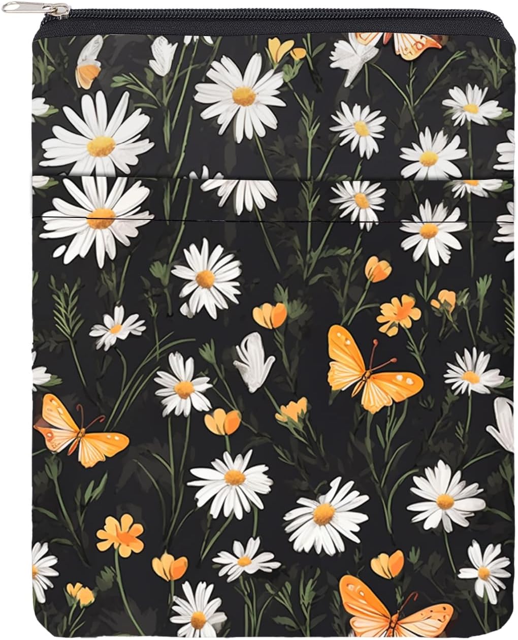 NICENEEDED Book Sleeve with Butterfly Sunflower Design, Waterproof Front Pocket Book Pouch for Women, Washable Book Protector with Zipper for Notebooks Hardcover and Paperback