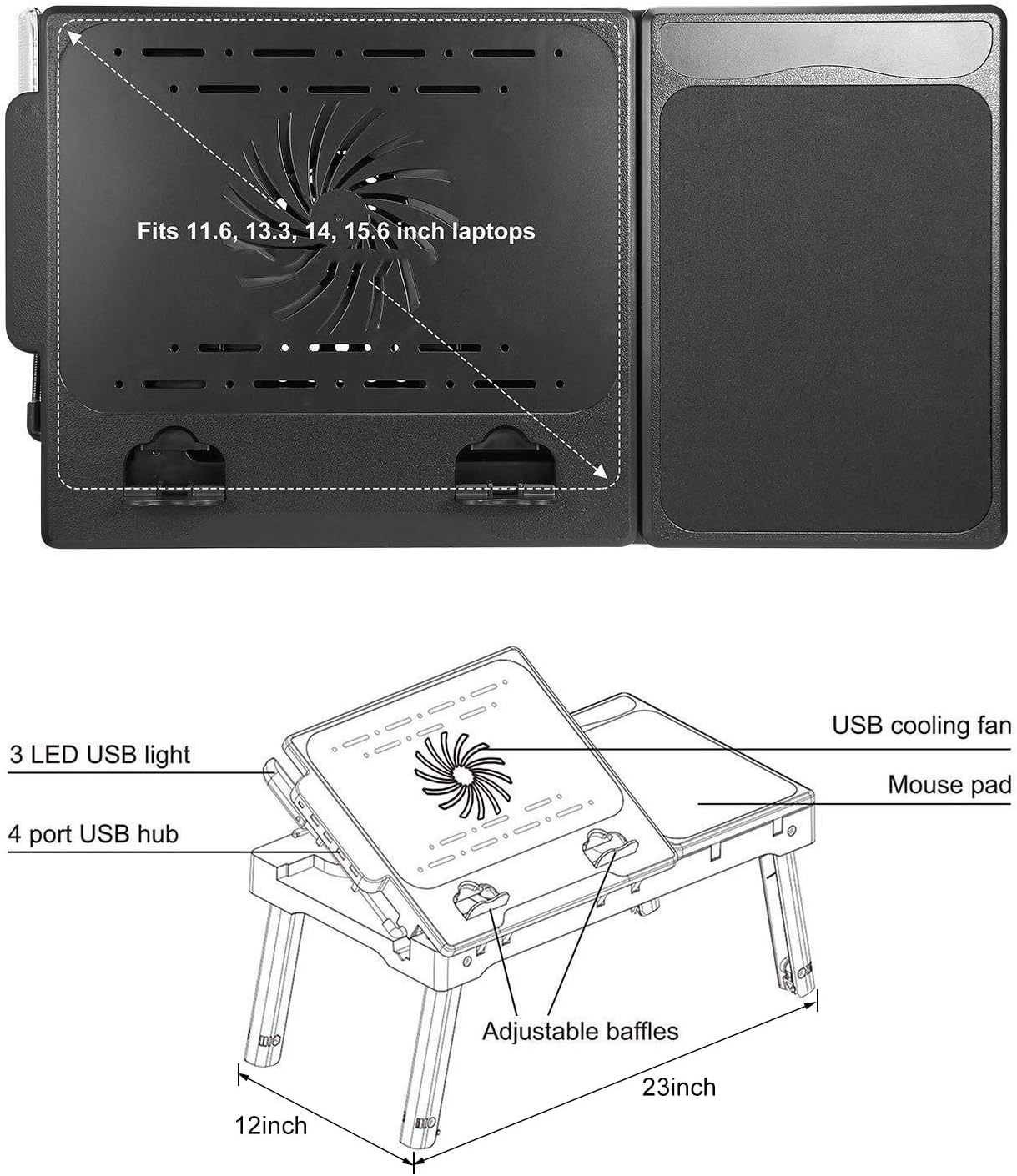 Moclever Laptop Bed Stand – Adjustable Laptop Table with Cooling Fan, Foldable Laptop Desk with USB Hub, LED Light & Storage – Multi-Functional Computer Tray for Bed, Sofa, Home, and Office