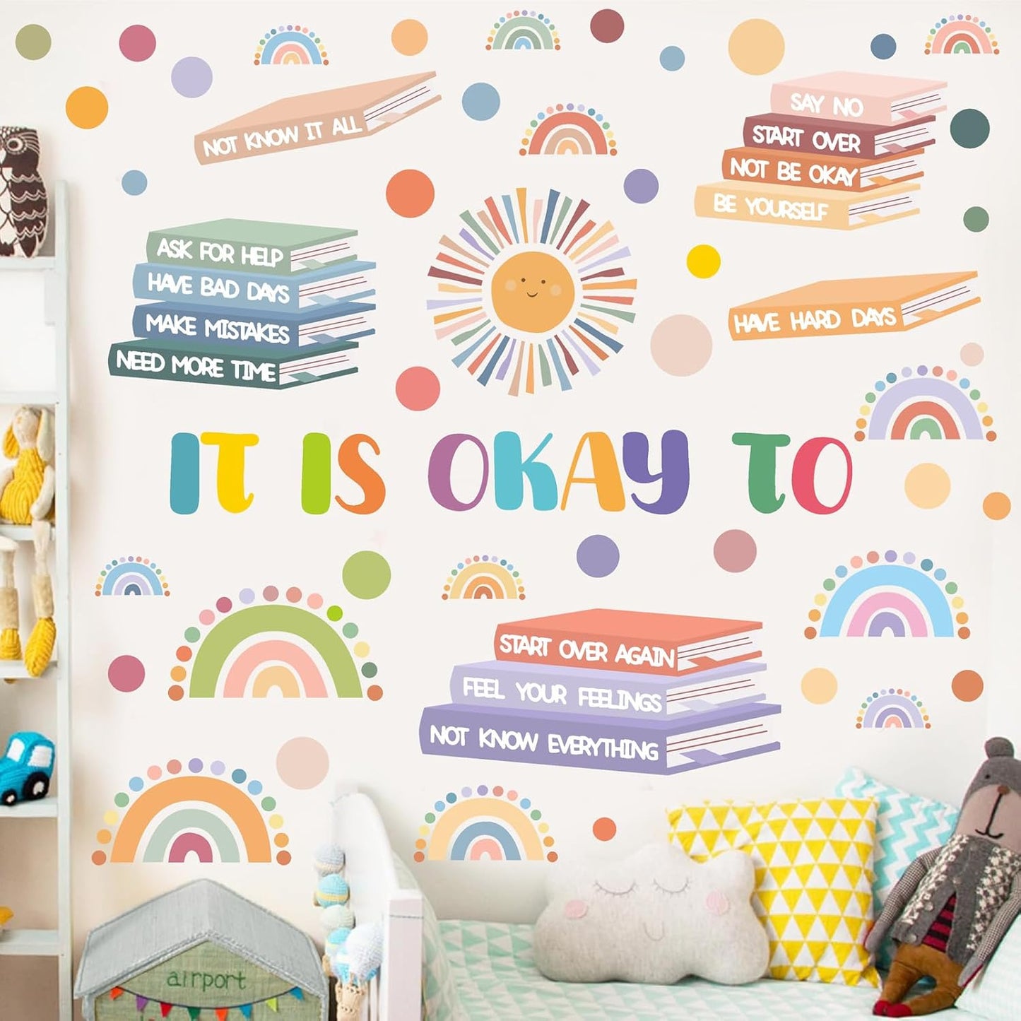Kids Inspirational Wall Decals Motivational Quotes Wall Stickers Peel and Stick Reading Wall Decals Watercolor Polka Dots Rainbow Sun Wall Stickers for Nursery Classroom Playroom Reading Room Decor