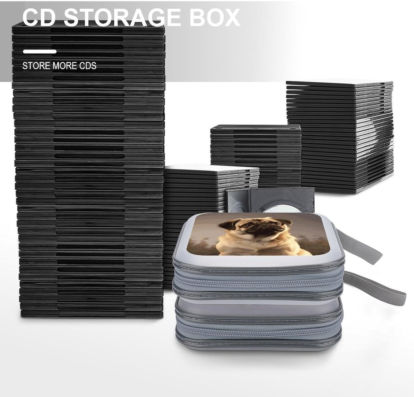 Cute Pug Dog CD Case 40 Capacity Case Zipper CD Collection Bag with Handles Cover DVD Storage Hard Plastic DVD Disc Cases Storage Binder for Car Home Office Travel