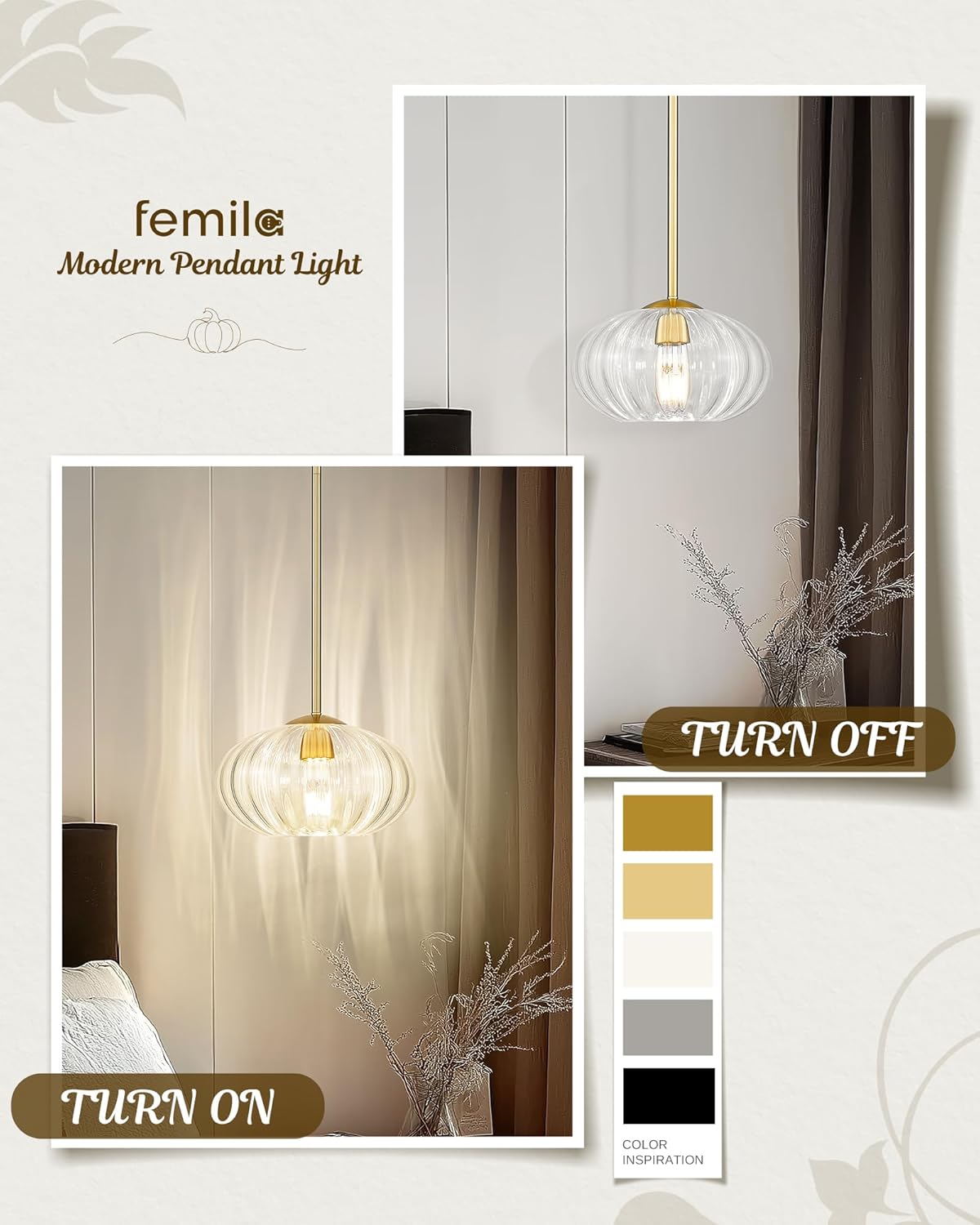 FEMILA Pendant Light for Kitchen Island, 10.3" Brushed Gold Pendant Lighting, Dome Glass Pendant Light Vintage Light Fixtures for Bedroom Hotel Dining Room, 4FYD85MIL BG