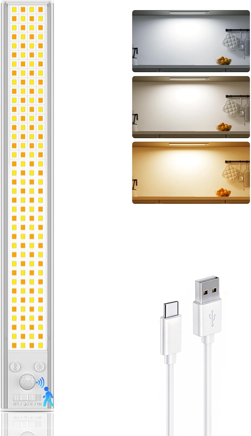 12inch Under Cabinet Lighting, 152LED Motion Sensor Light Indoor, Rechargeable Closet Lights, 3 Color Temps, Dimmable, Magnetic Wireless Under Counter Lights for Kitchen, Stairs, Pantry, 1 Pack