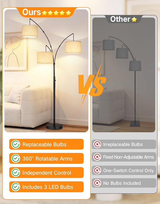 OUTON Arc Led Floor Lamp, Modern 3 Light Arched Tall Floor Lamps for Living Room, Mid Century Adjustable Standing Corner Lamps for Bedroom Office, 3 LED Bulbs Included, Beige Lampshade