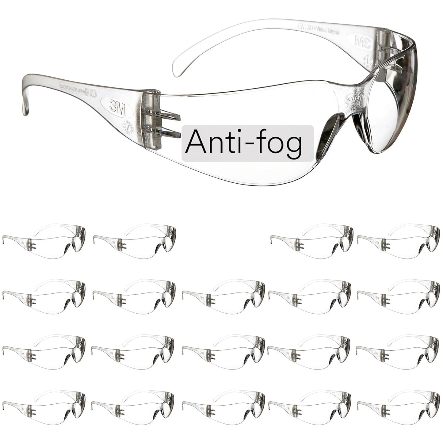 3M Safety Glasses, Virtua, 20 Pair, ANSI Z87, Unisex, Anti-Fog, Scratch Resistant, Clear Lens, Clear Frame, Affordable Eye Protection, Lightweight, Wraparound Coverage