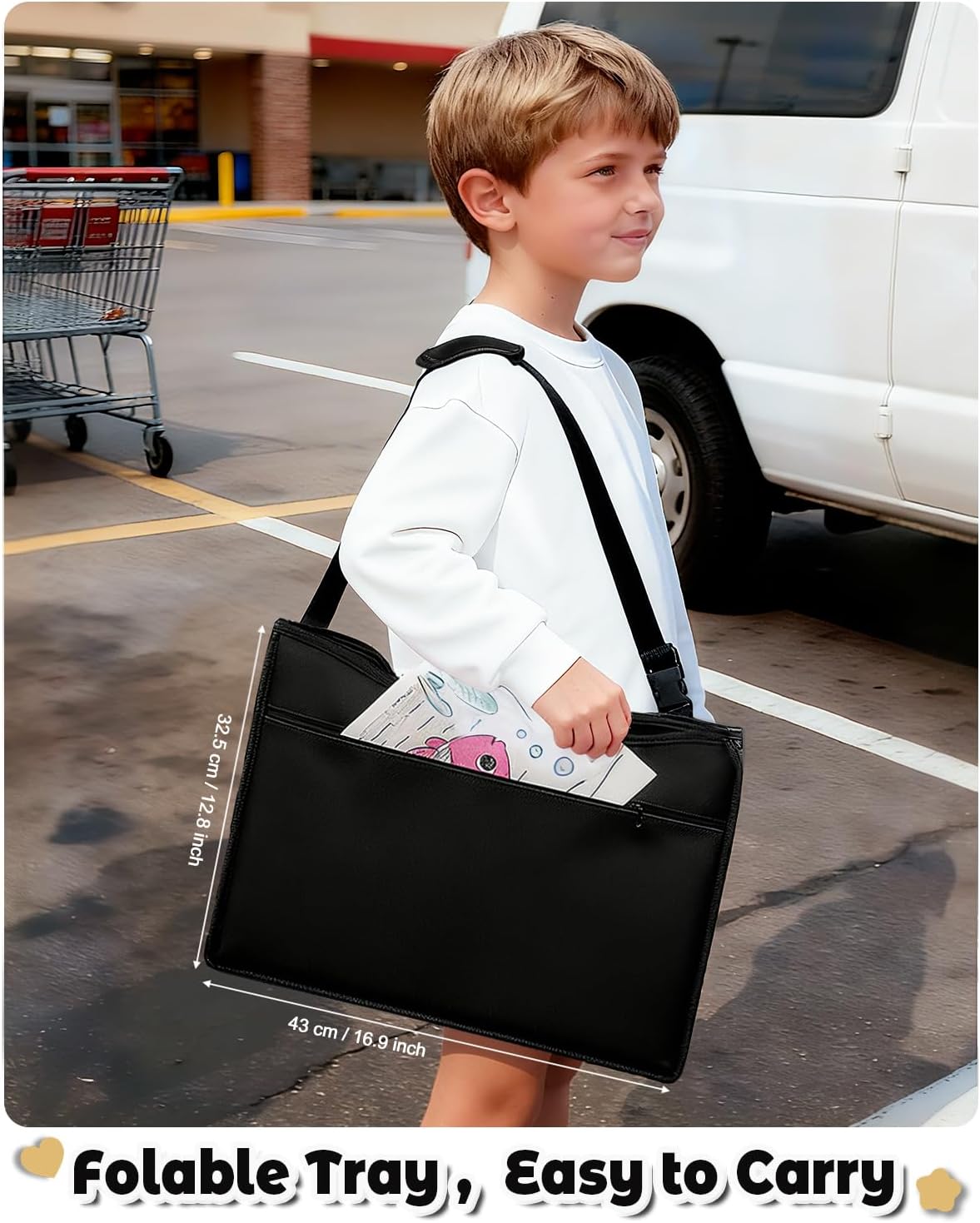 Leather Kids Travel Tray for Car - Car Seat Tray for Kids Travel, Road Trip Essentials, Carseat Table for Roadtrip Activities - Must Have Toddler Lap Desk Organizer for Airplane (Black)