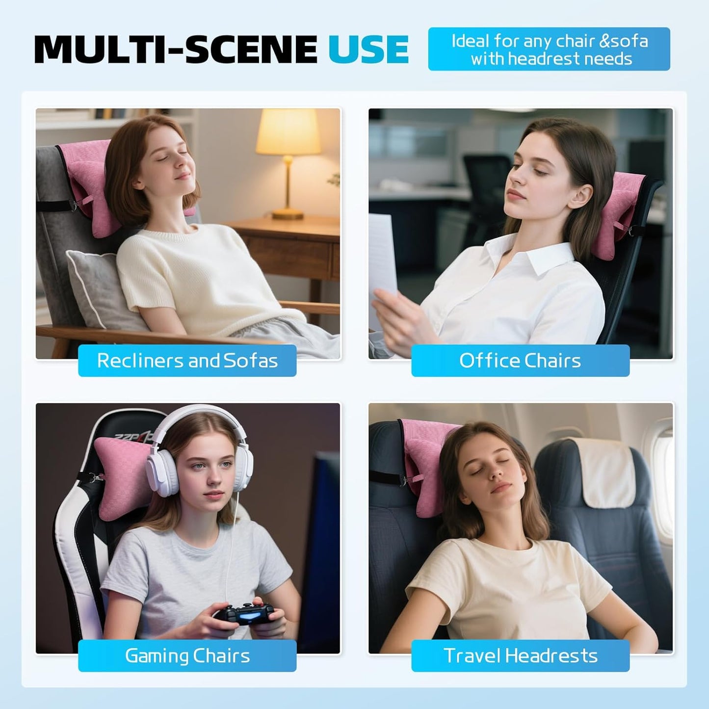 Recliner Head and Neck Support Pillow, Sofa Chair Headrest Cushion, Anti-Slip Design for Neck Pain Relief on Sofa, Car Seat, Travel (Pink-Checker)