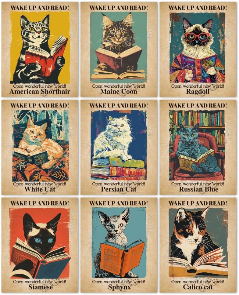 CRAFTYMELODY Cat Reading Wall Art Prints Set of 9 Vintage Book Theme Poster Wall Decor Home Artworks for Gallery Living Dining Room Bedroom Bathroom Home Decoration 8x10 Inch Unframed
