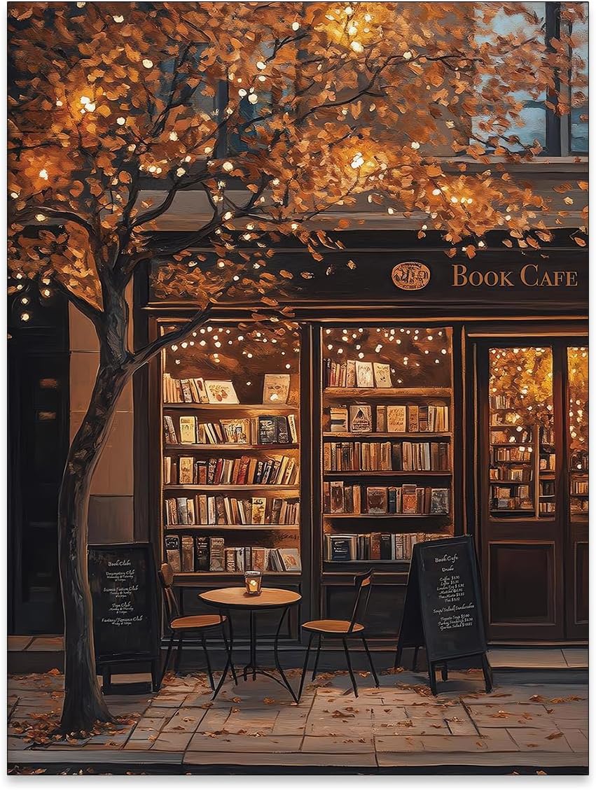 FuSatisYilife Fall Coffee Bookstore Wall Art Vintage Autumn Cozy Cafe Shop Poster Bookish Dark Academia Canvas Prints for Reading Room Nook Wall Decor 12X16 inch Unframed Book Lover Gift