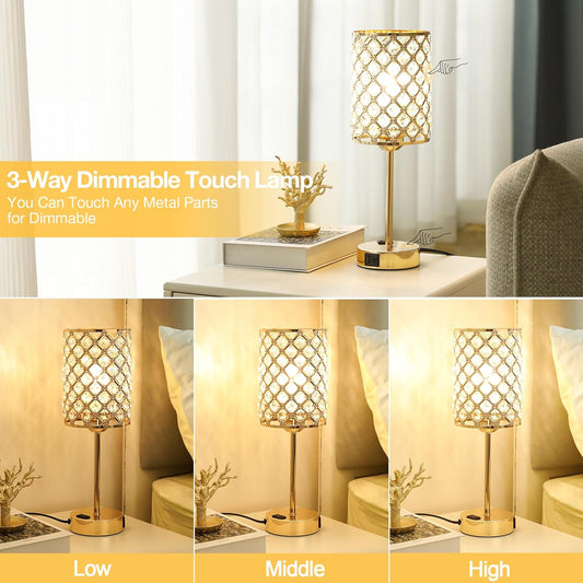Hong-in Gold Lamps for Night Stands-Crystal Table Lamp with USB-C+A & AC Charging Ports, 3-Way Dimmable Nightstand Touch Lamp, Bedside Desk lamp for Bedroom Living Room Home Office