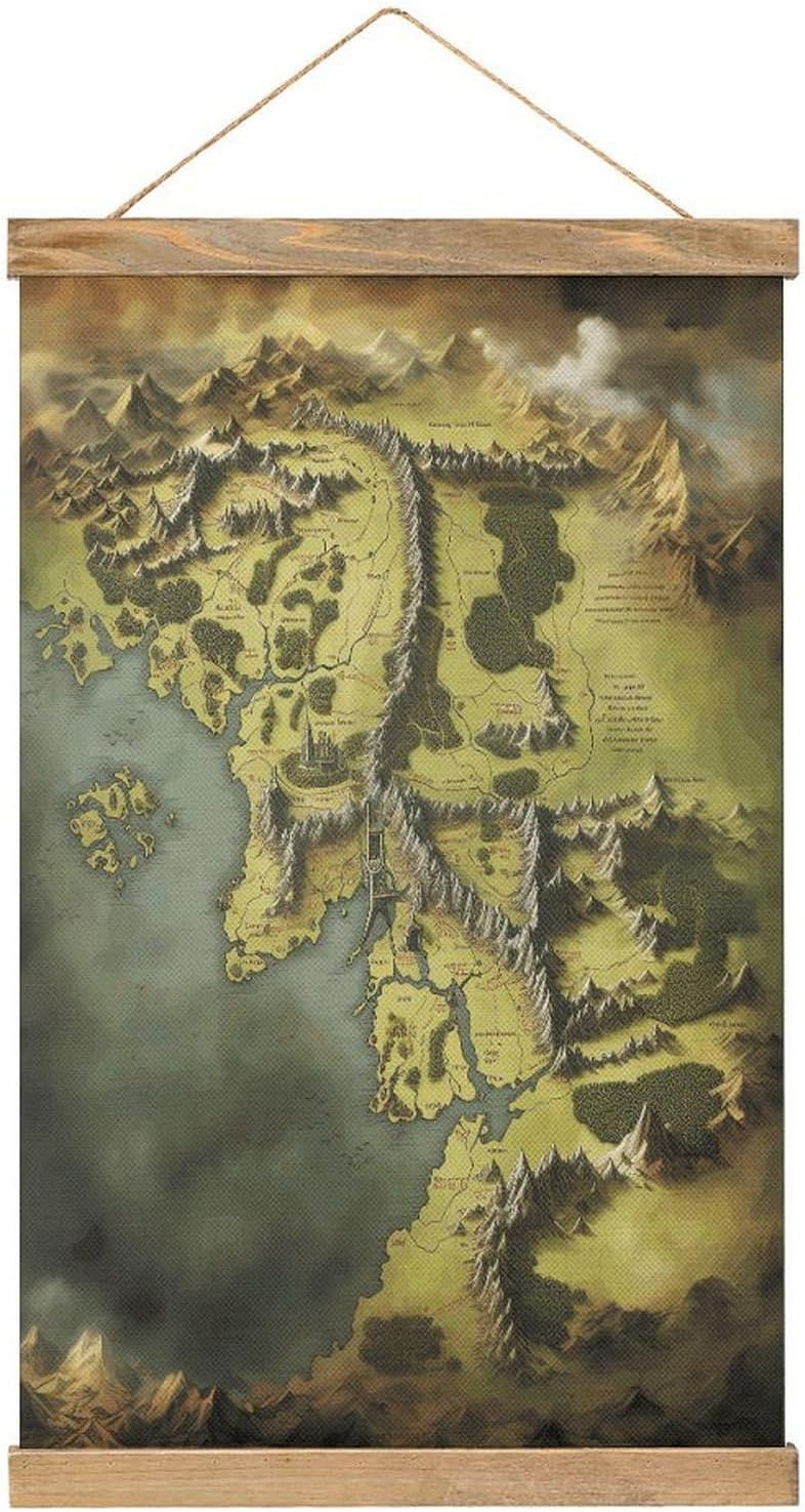Vintage Middle Earth Map Poster with Wooden Frame Personalized Linen Hanging Scroll Painting Rustic Wall Hanging Illustrative Modern Artwork Decor for Home Living Room Bedroom Office