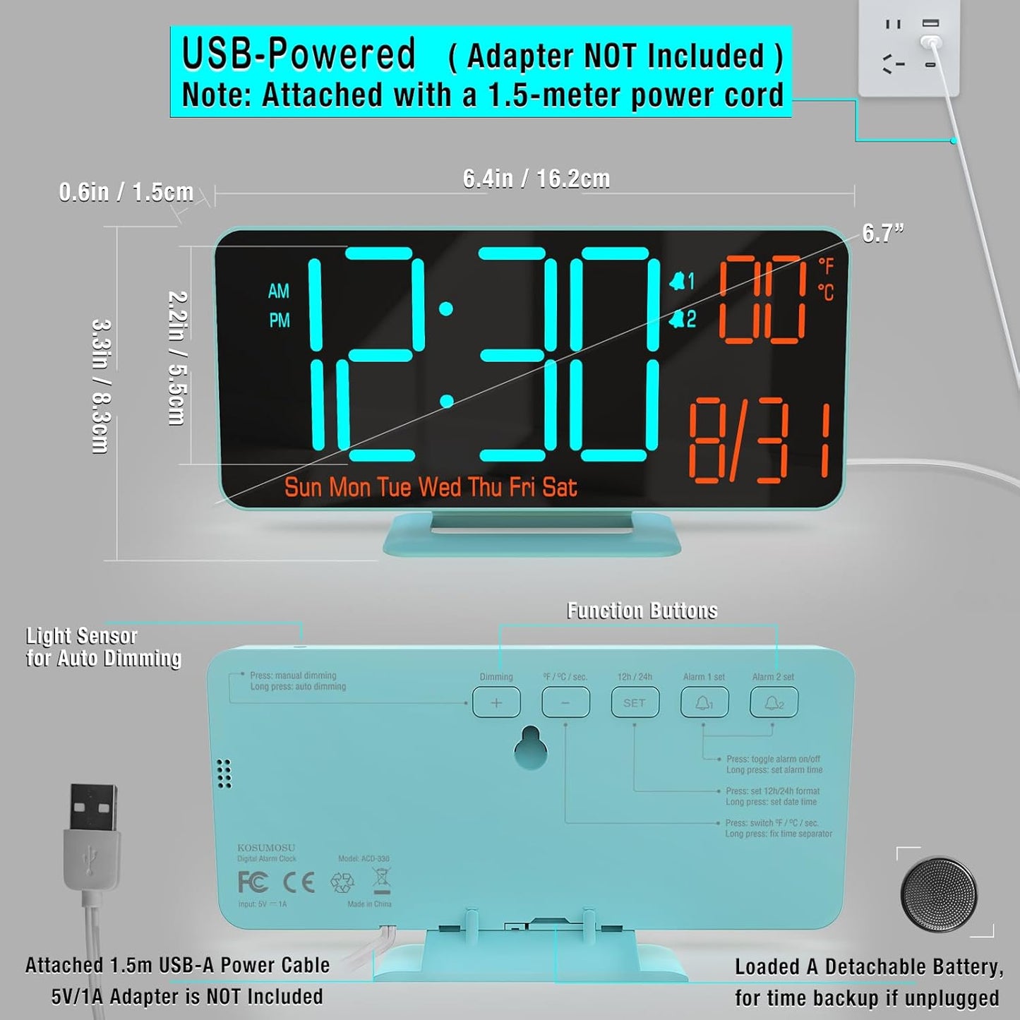 KOSUMOSU Alarm Clocks for Bedrooms, 6.7in Digital Clock, Auto Dimming, Room Temperature, Day of The Week, Seconds, Date, Digital Clocks for Living Room, Desk Clock for Bedroom