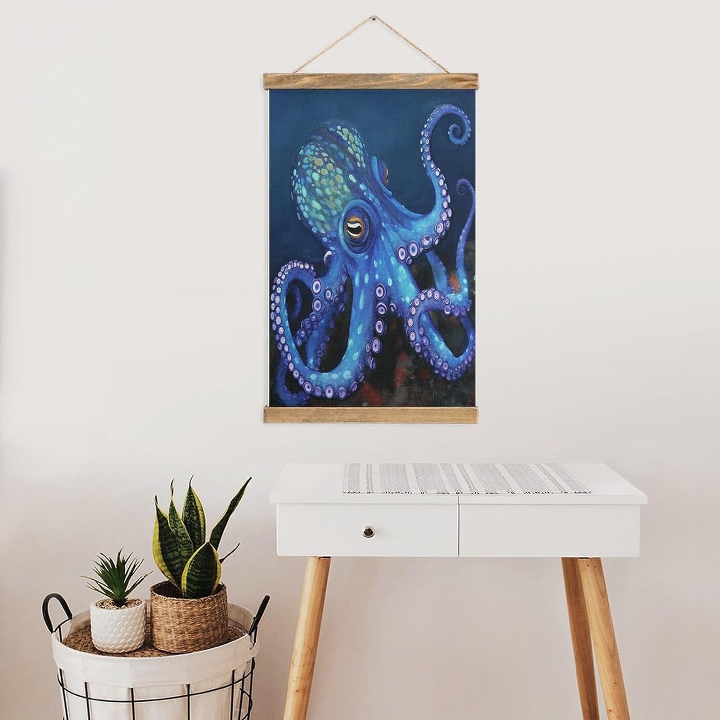 Vintage Blue Octopus Poster with Wooden Frame Personalized Linen Hanging Scroll Painting Rustic Wall Hanging Illustrative Modern Artwork Decor for Home Living Room Bedroom Office