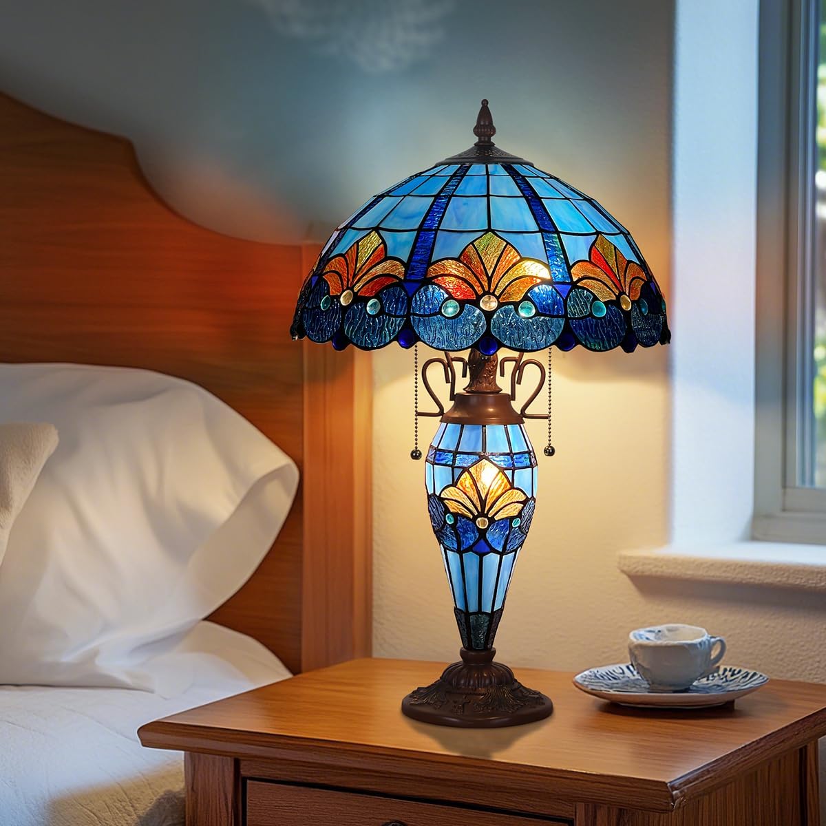 Tiffany Table lamp with nightlight,Blue Stained Glass Desk Light - Antique Style 16” Large 3-Lights Nightstand Bedside Reading Light for Living Room Bedroom Office