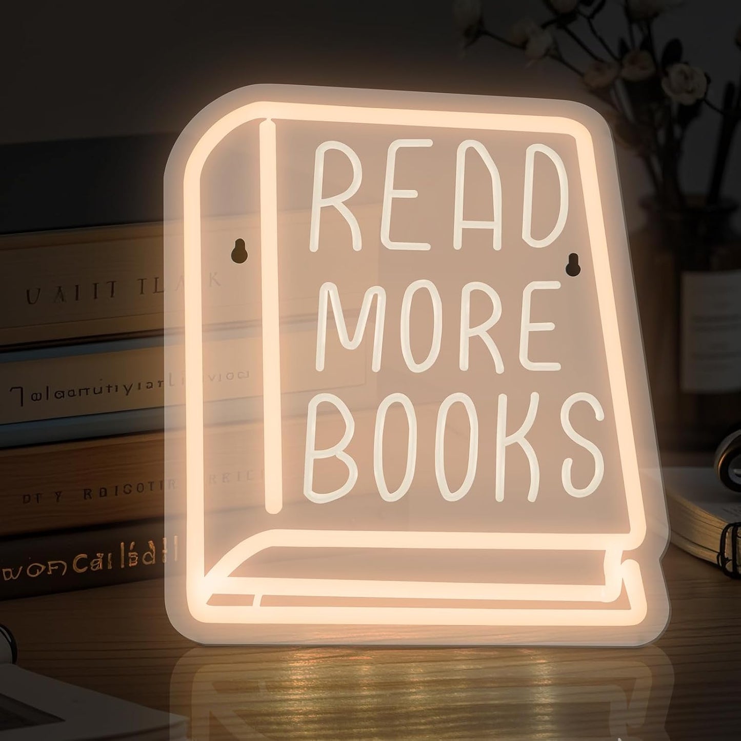 Neon Sign Read More Books, White LED Sign for Library Decor, 11 Inches x 11 Inches, Acrylic Material