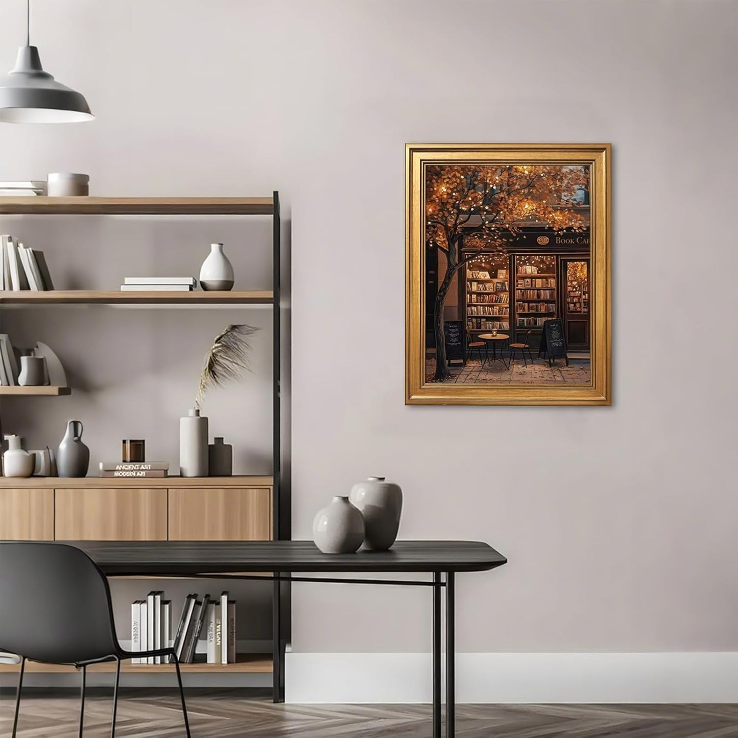 Ripiyome Autumn Coffee Shop Canvas Print Poster Moody Bookstore Wall Art Cozy Cafe Fall Artwork Aesthetic Painting for Book Lovers Thanksgiving Decor Living Room Reading Nook 12x16inch Golden Frame