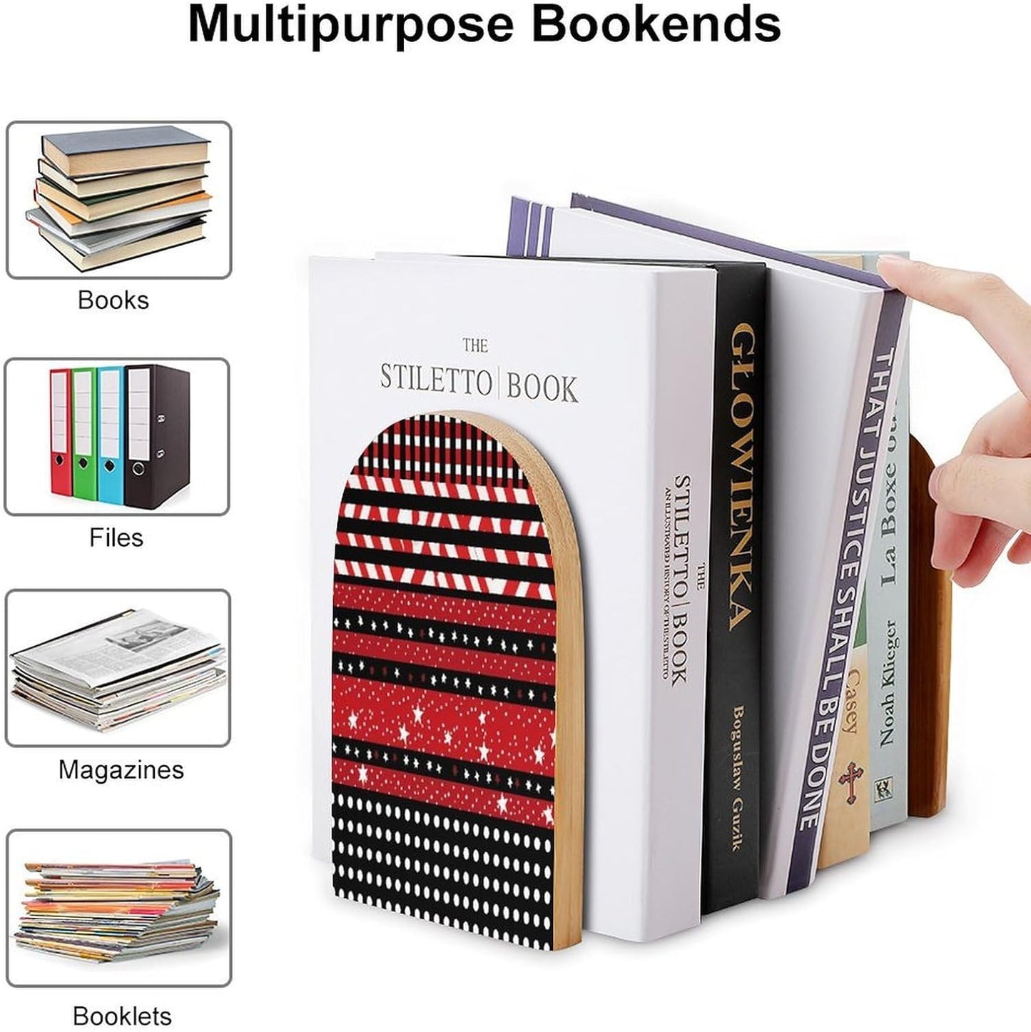 Striped Polka Dot Stars Wooden Bookend Non-Slip Book Ends Heavy Duty Book Stopper with Metal Base Books Holderd Decorative Bookends Stands Firmly for Office Supplies