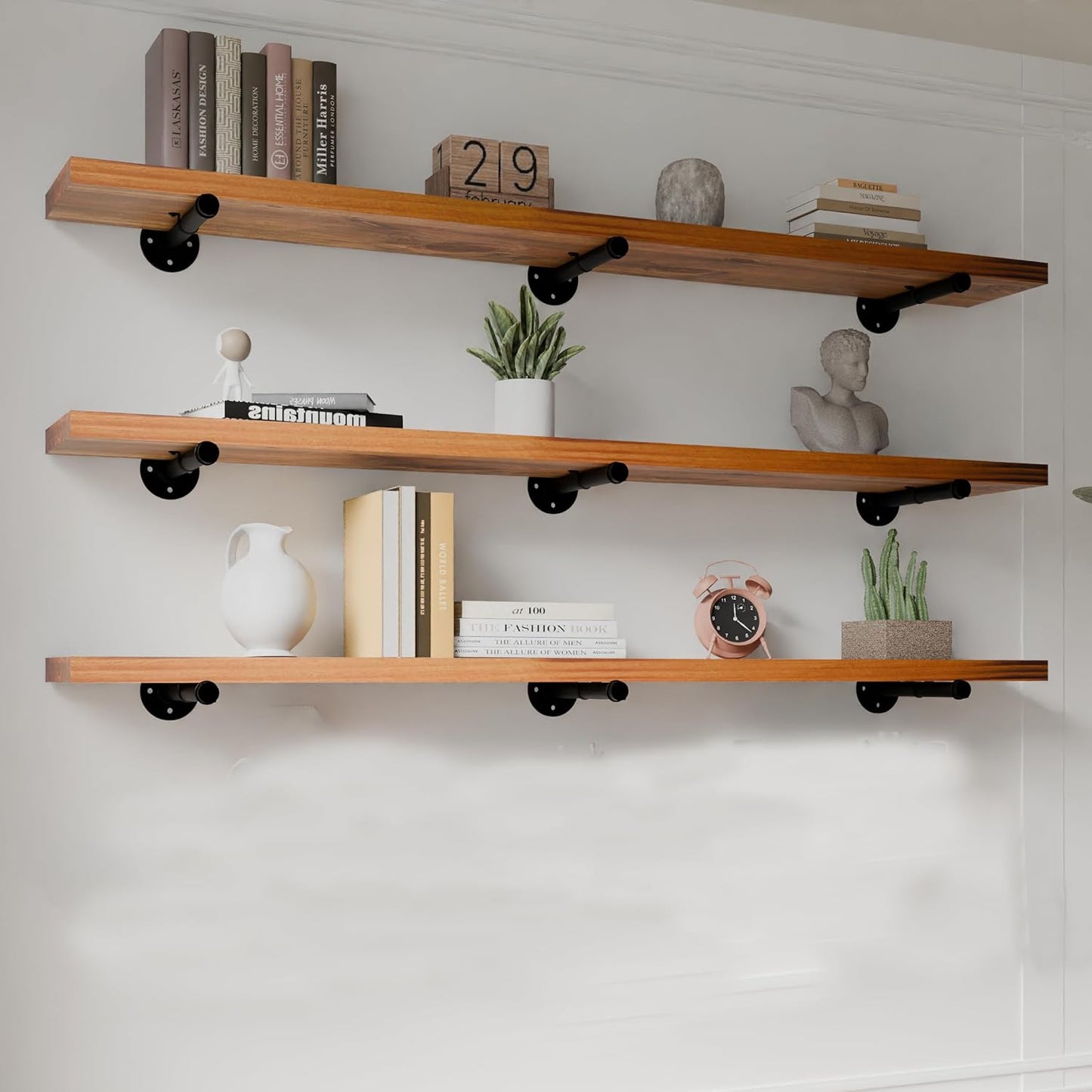 Industrial Pipe Wall Wood Shelves,Real Wooden Shelves 48" in Special Brown Color with 1.2" Extra Thickness, Modern Floating Shevles Bookshelf Shelving Units for Rustic Farmhouse Decor